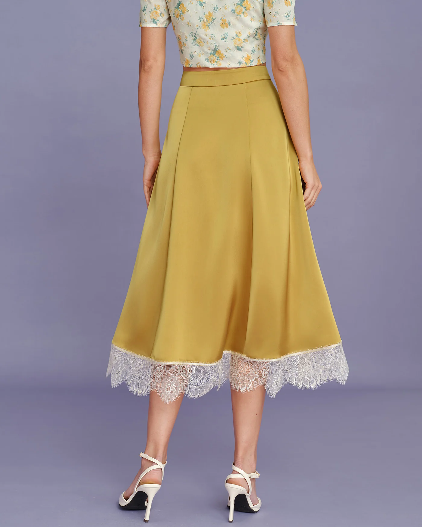 Yellow Lace Satin Midi Skirt - Image 5