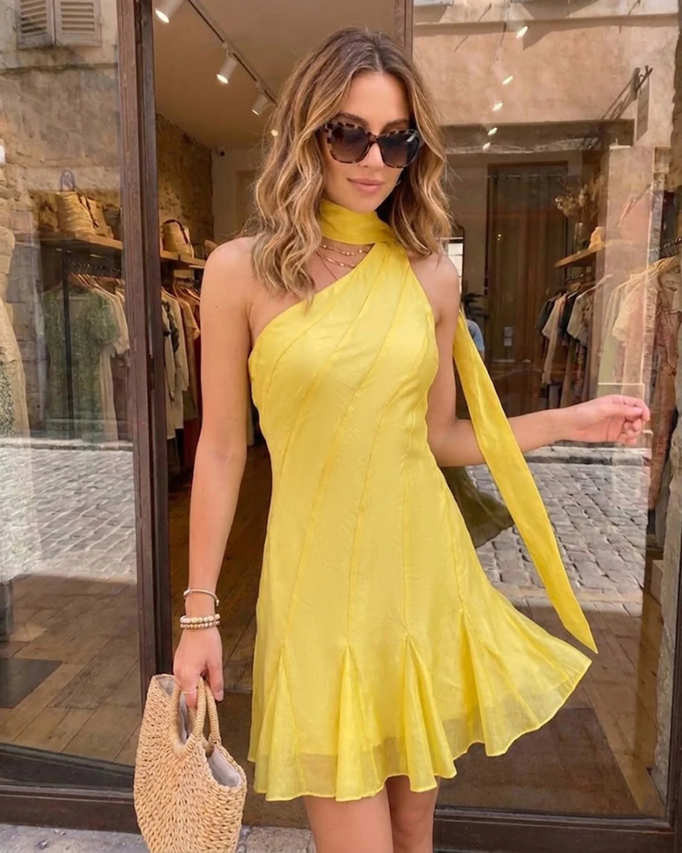 Yellow One Shoulder Mini Dress - Image 3