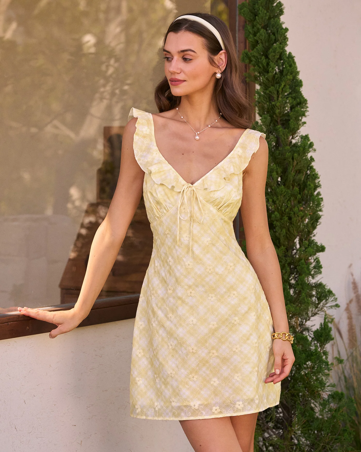 Yellow Plaid Ruffle Sleeveless Mini Dress - Image 2