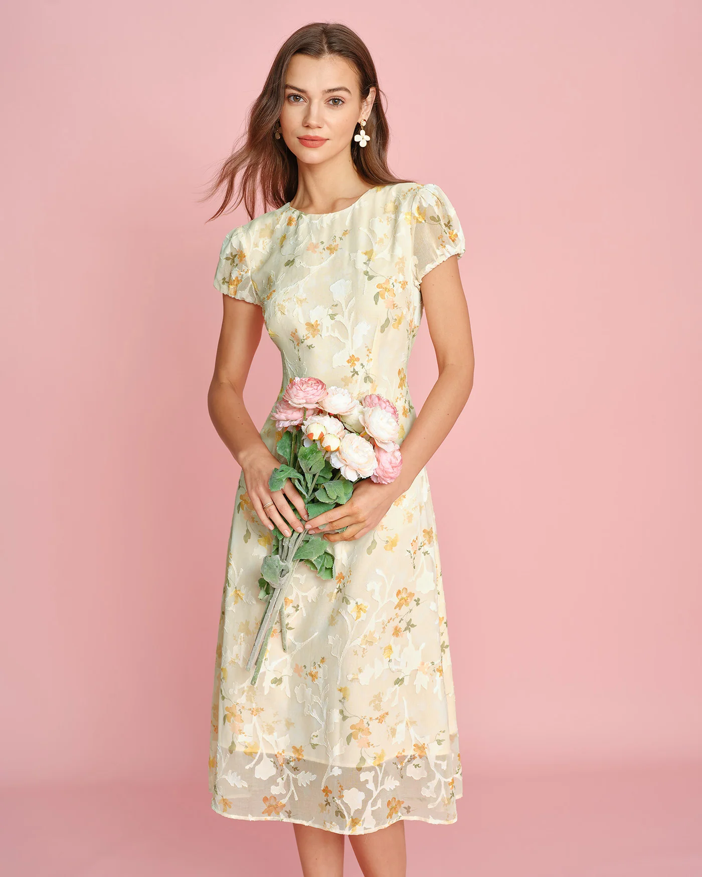 Yellow Puffed Sleeve Jacquard Midi Dress - Image 2