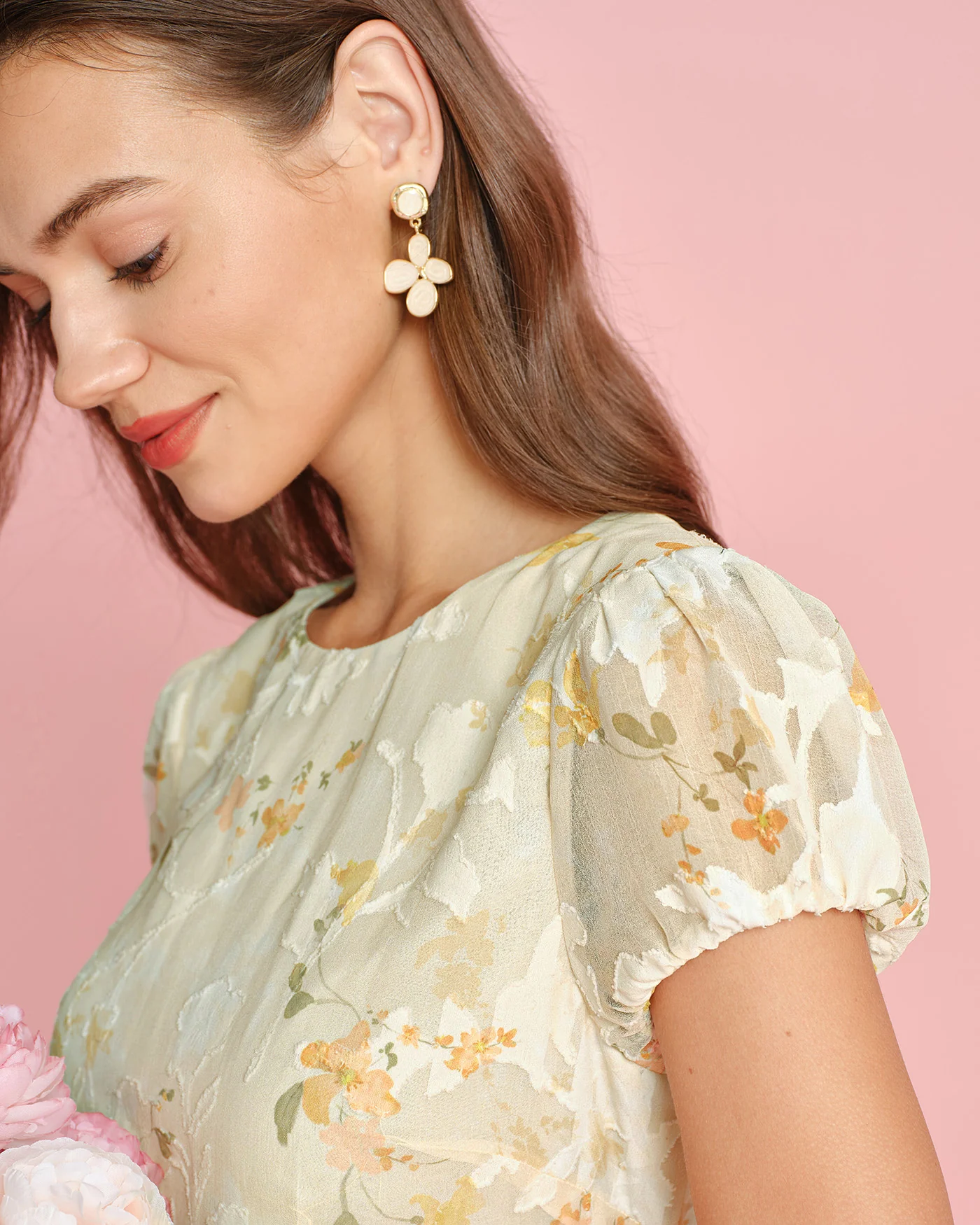 Yellow Puffed Sleeve Jacquard Midi Dress - Image 3
