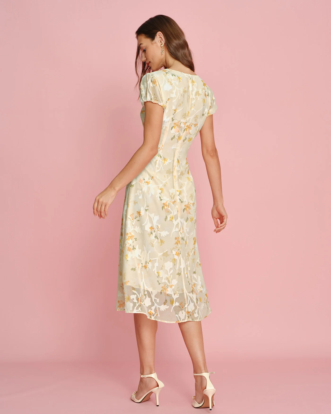 Yellow Puffed Sleeve Jacquard Midi Dress - Image 4
