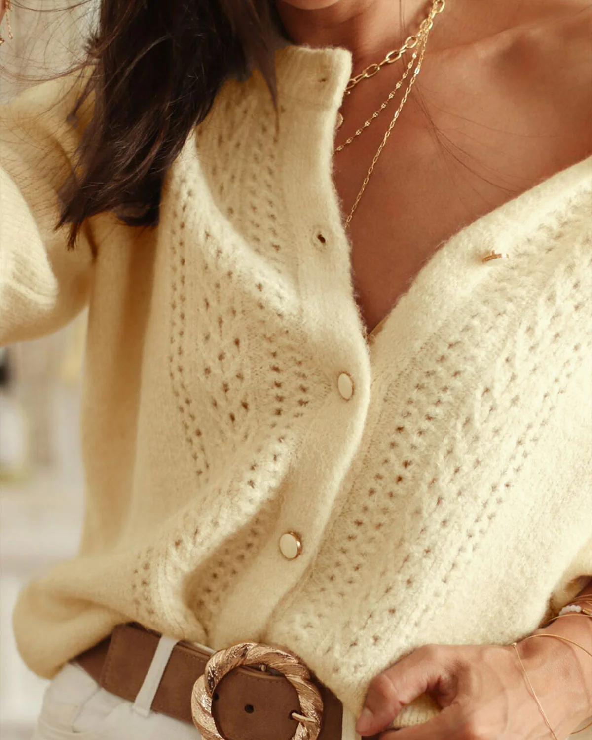 Yellow Round Neck Hip Knit Cardigan - Image 2