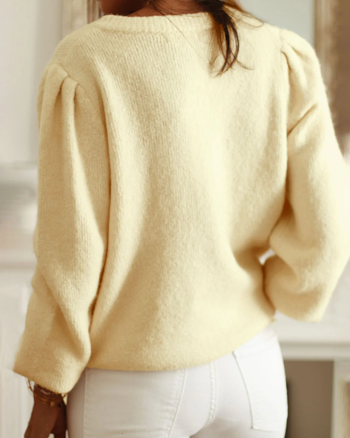 Yellow Round Neck Hip Knit Cardigan - Image 4