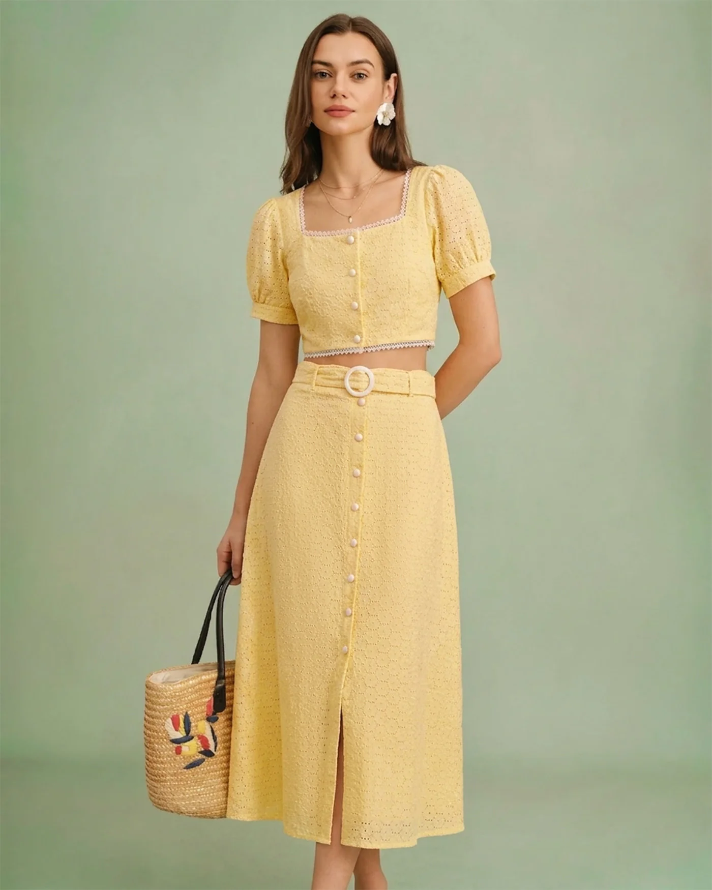 Yellow Square Neck Embroidery Blouse - Image 2