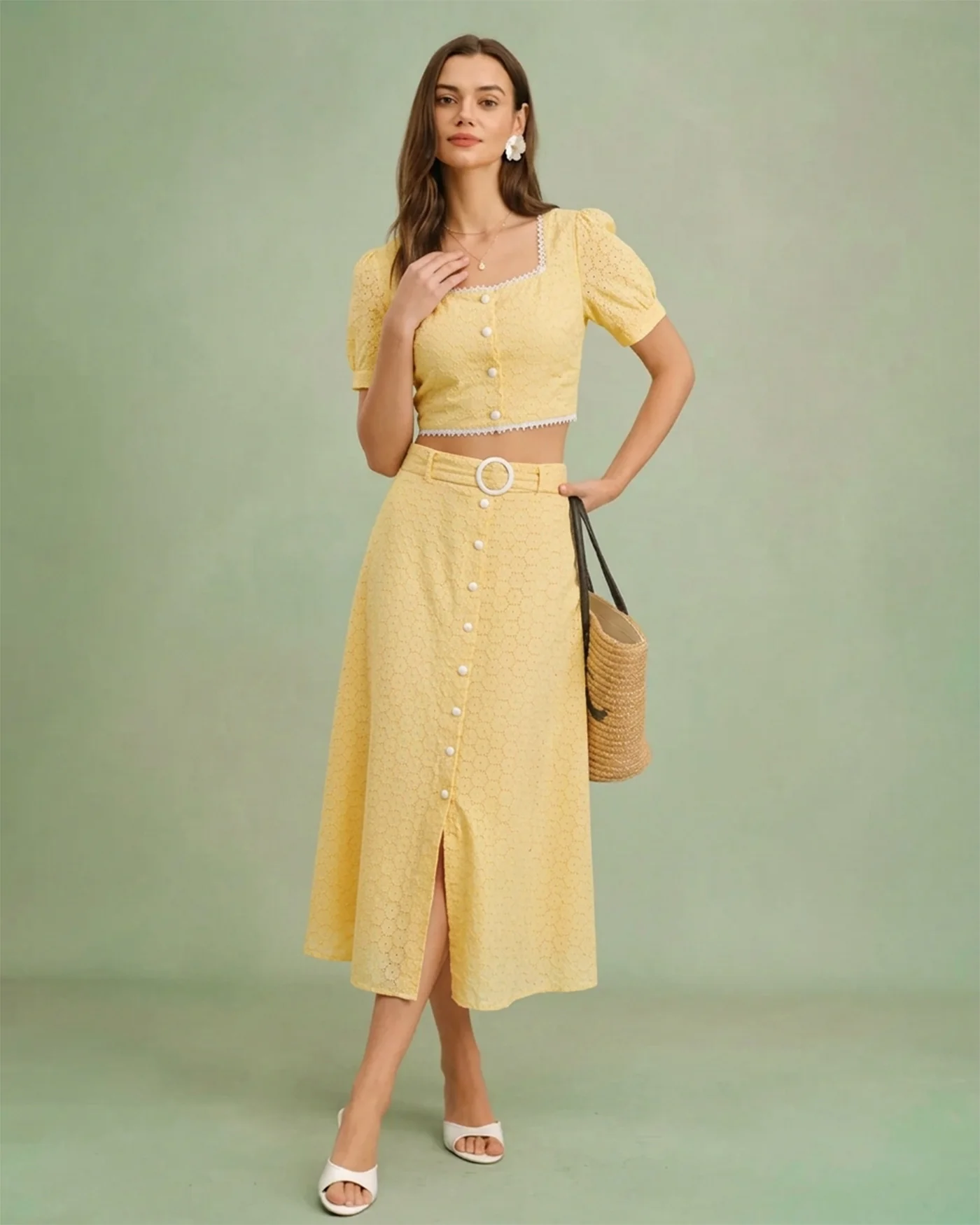 Yellow Square Neck Embroidery Blouse - Image 3
