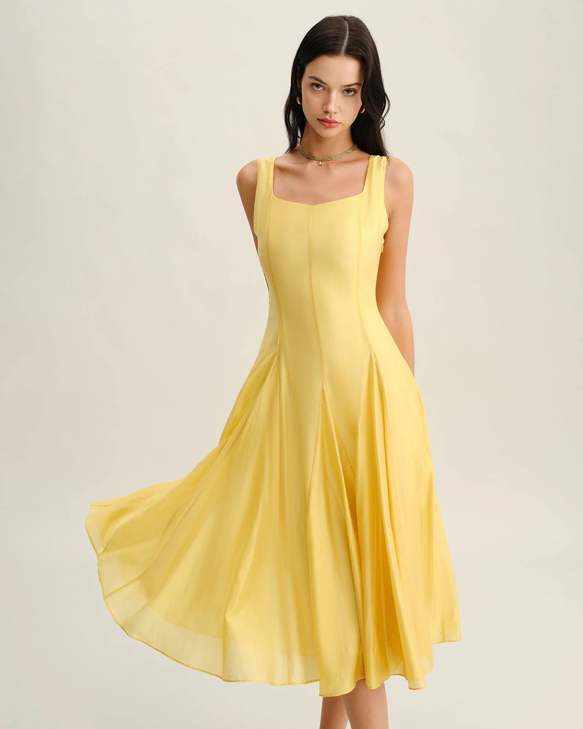 Yellow Square Neck Pleated Slip Midi Dress - Image 3