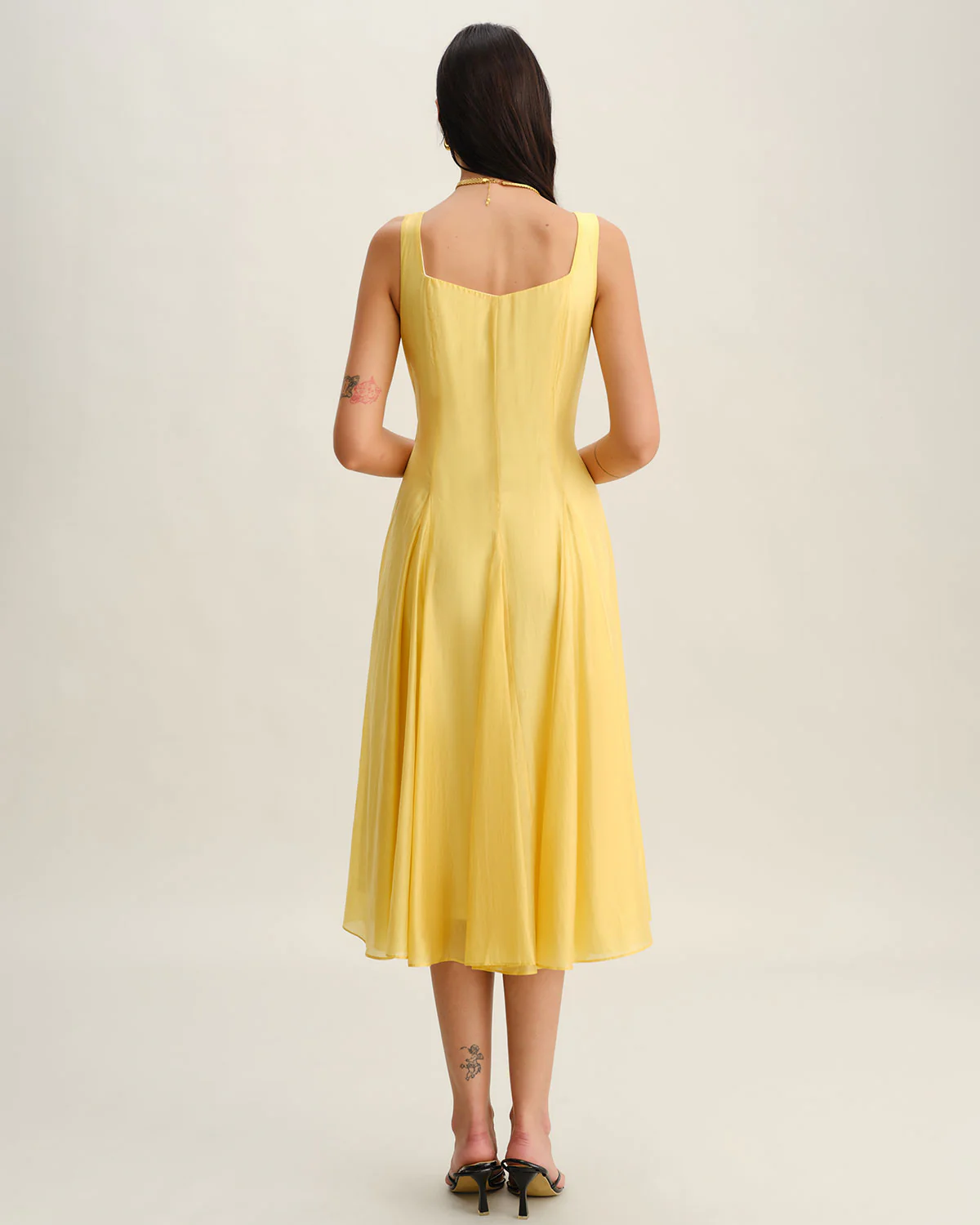 Yellow Square Neck Pleated Slip Midi Dress - Image 6