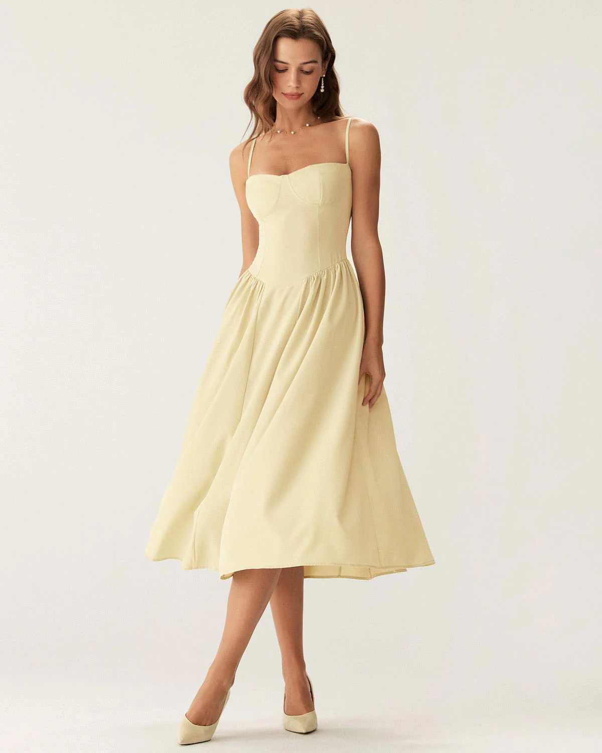 Yellow Square Neck Pocket Slip Midi Dress - Image 3