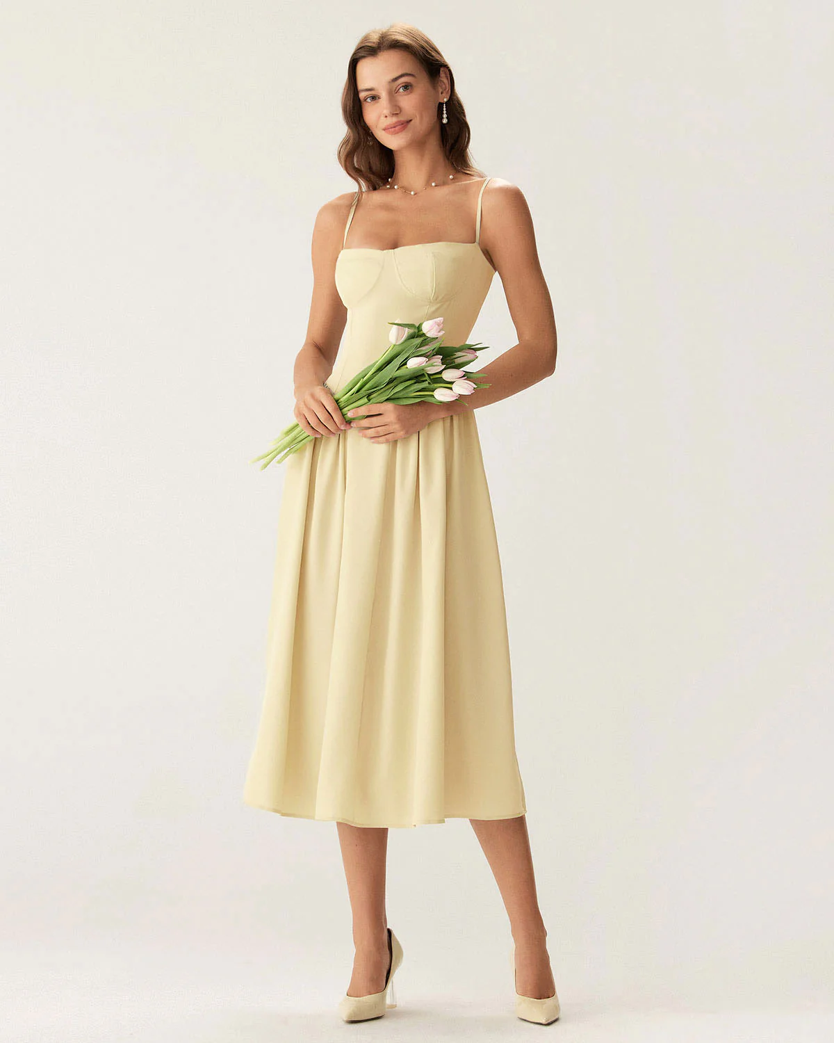 Yellow Square Neck Pocket Slip Midi Dress - Image 4