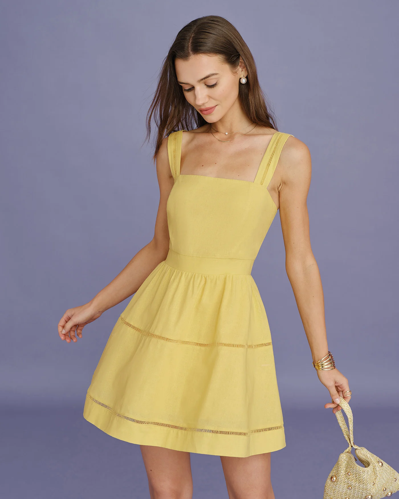Yellow Square Neck Shirred Mini Dress - Image 2