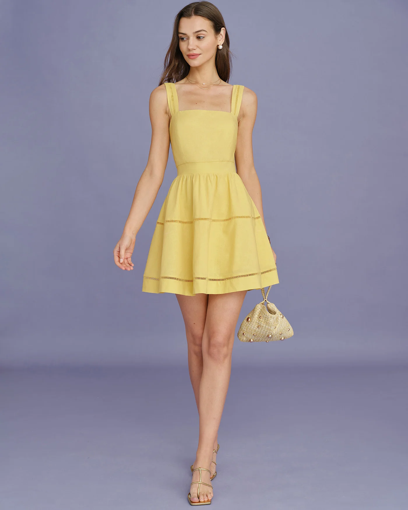 Yellow Square Neck Shirred Mini Dress - Image 4