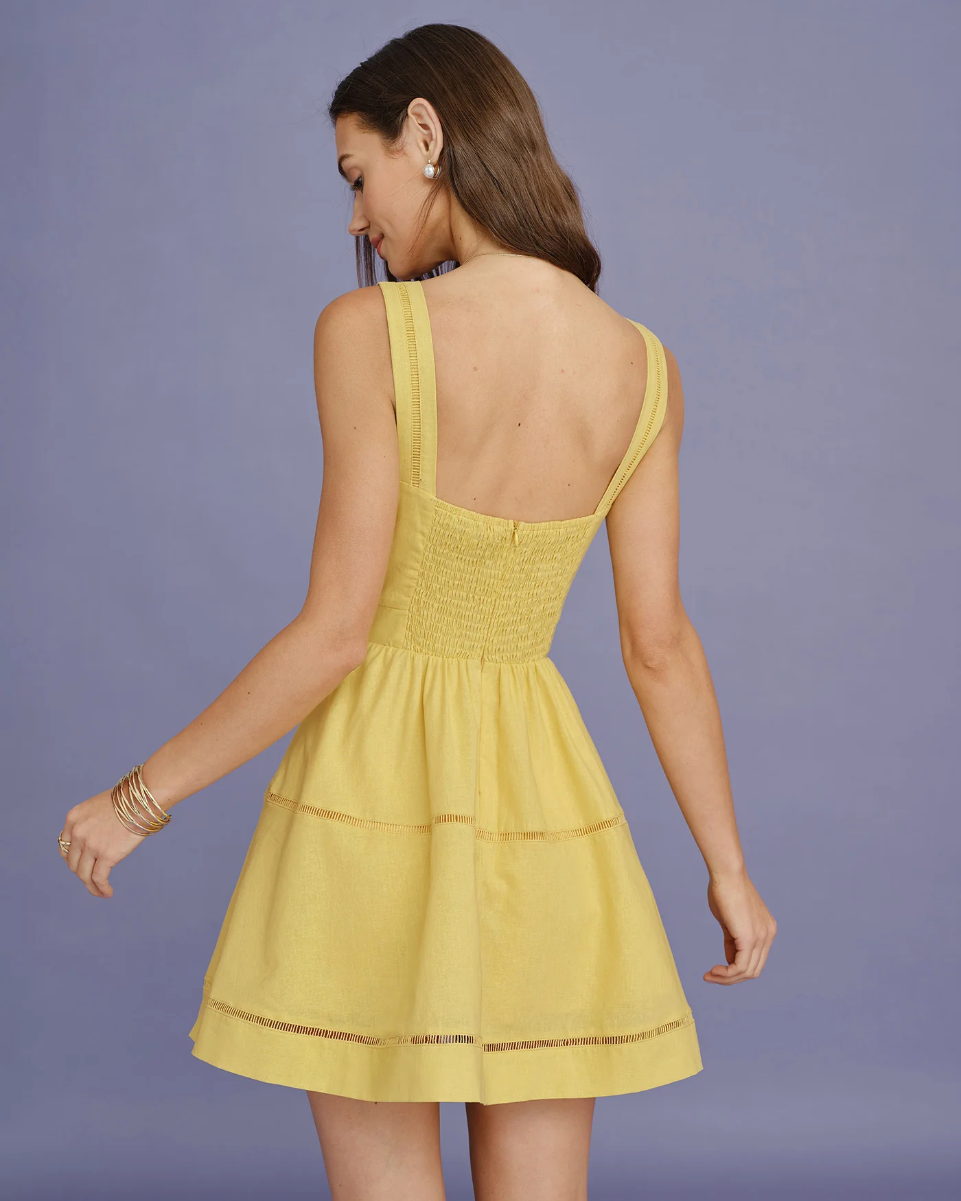 Yellow Square Neck Shirred Mini Dress - Image 5