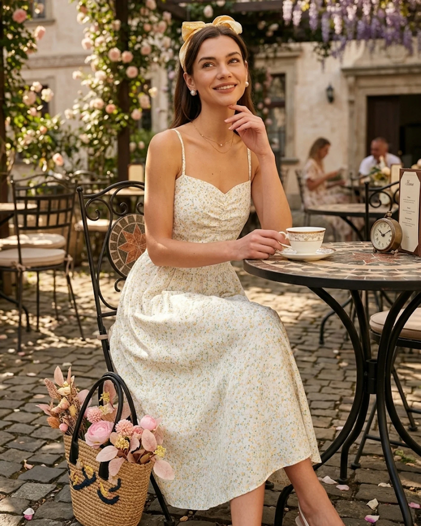 Yellow Sweetheart Neck Floral Slip Midi Dress - Image 2