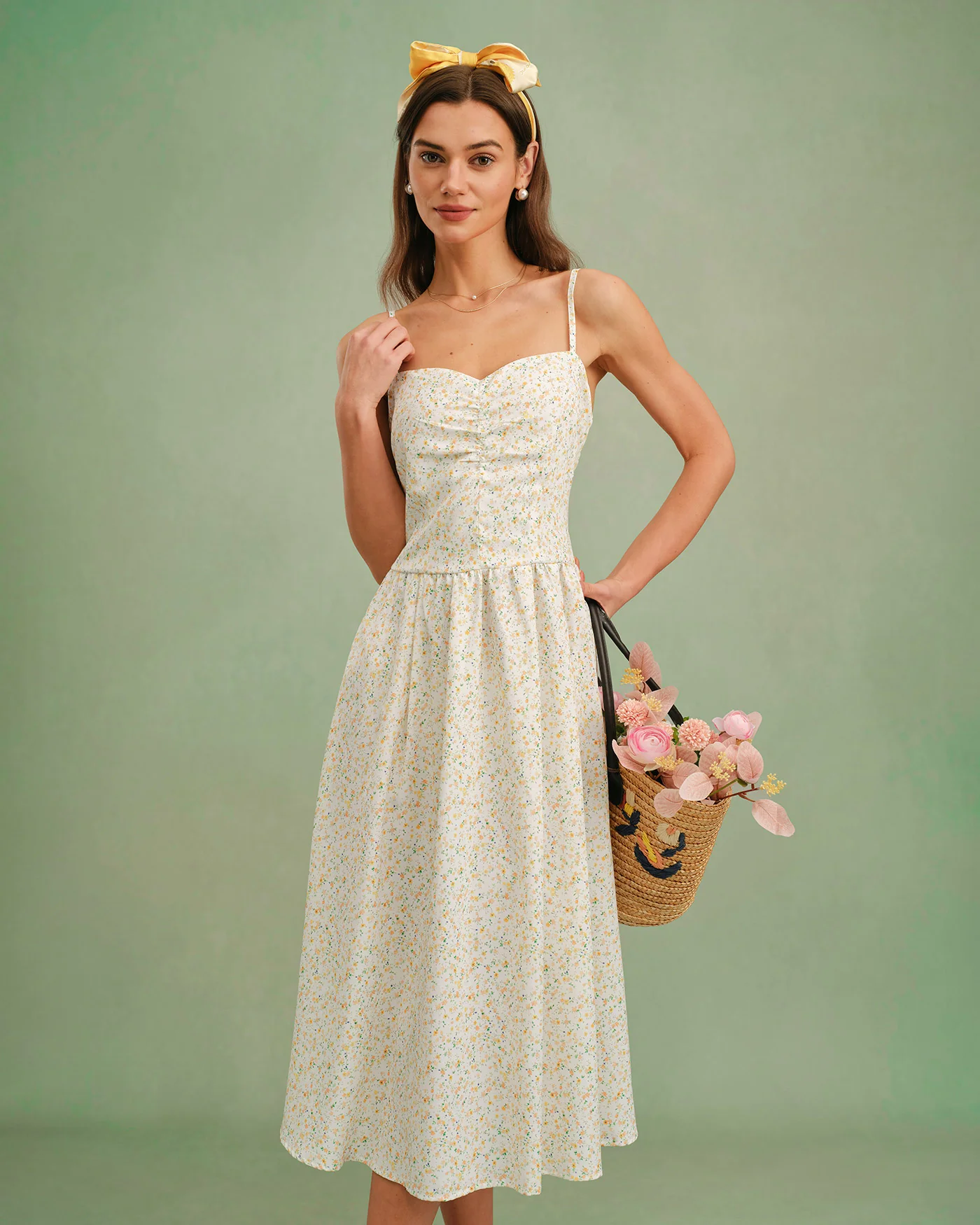 Yellow Sweetheart Neck Floral Slip Midi Dress - Image 5