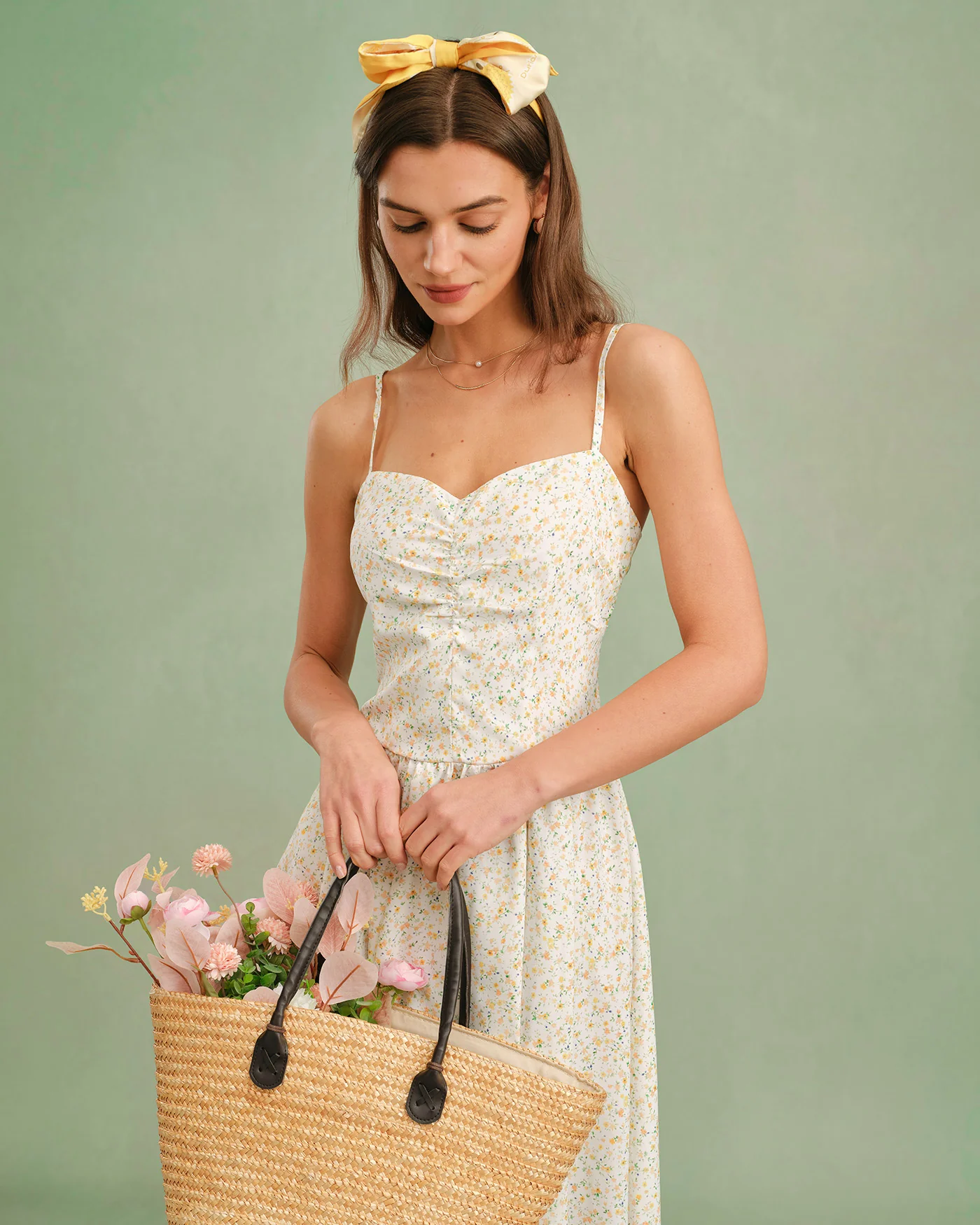 Yellow Sweetheart Neck Floral Slip Midi Dress - Image 7