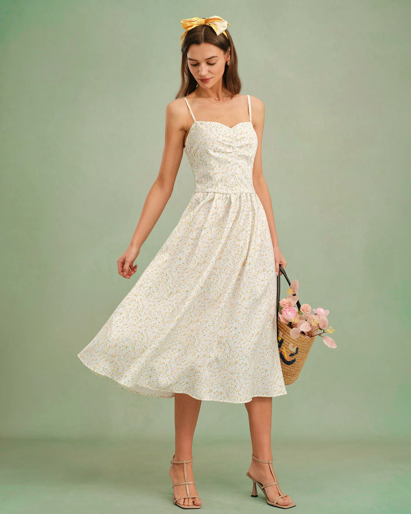 Yellow Sweetheart Neck Floral Slip Midi Dress - Image 8