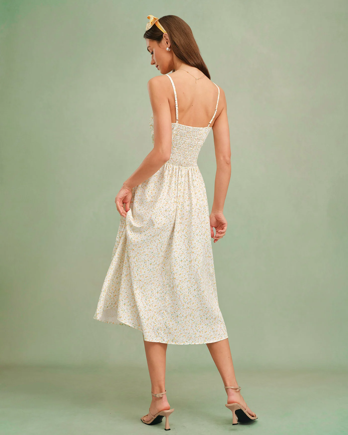 Yellow Sweetheart Neck Floral Slip Midi Dress - Image 9