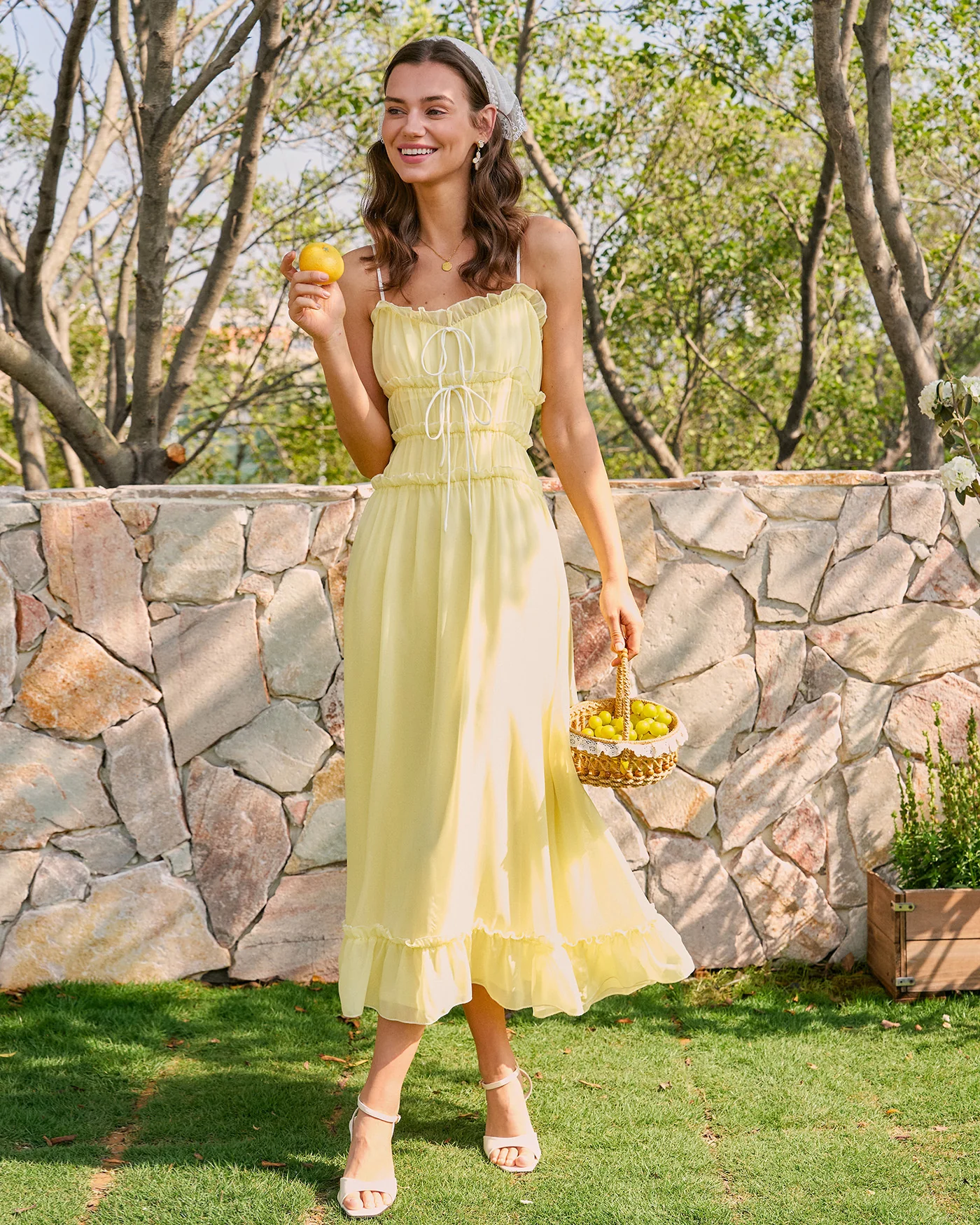 Yellow Sweetheart Neck Ruffle Midi Dress - Image 2