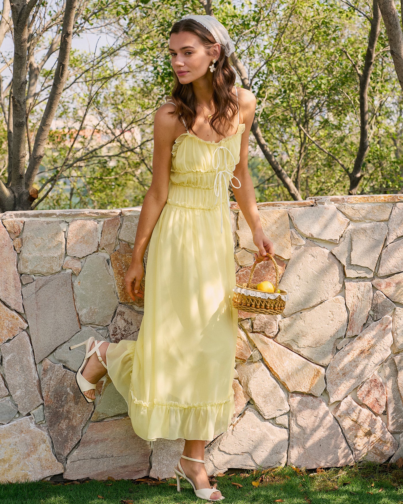 Yellow Sweetheart Neck Ruffle Midi Dress - Image 3