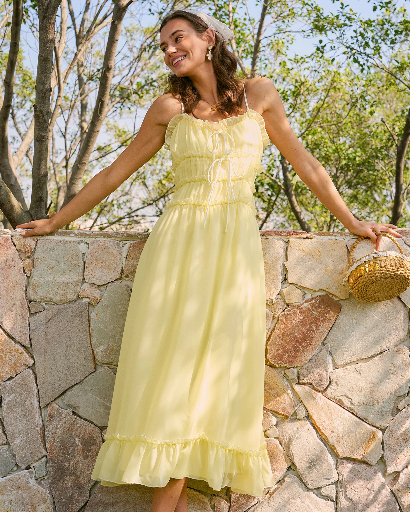 Yellow Sweetheart Neck Ruffle Midi Dress - Image 5