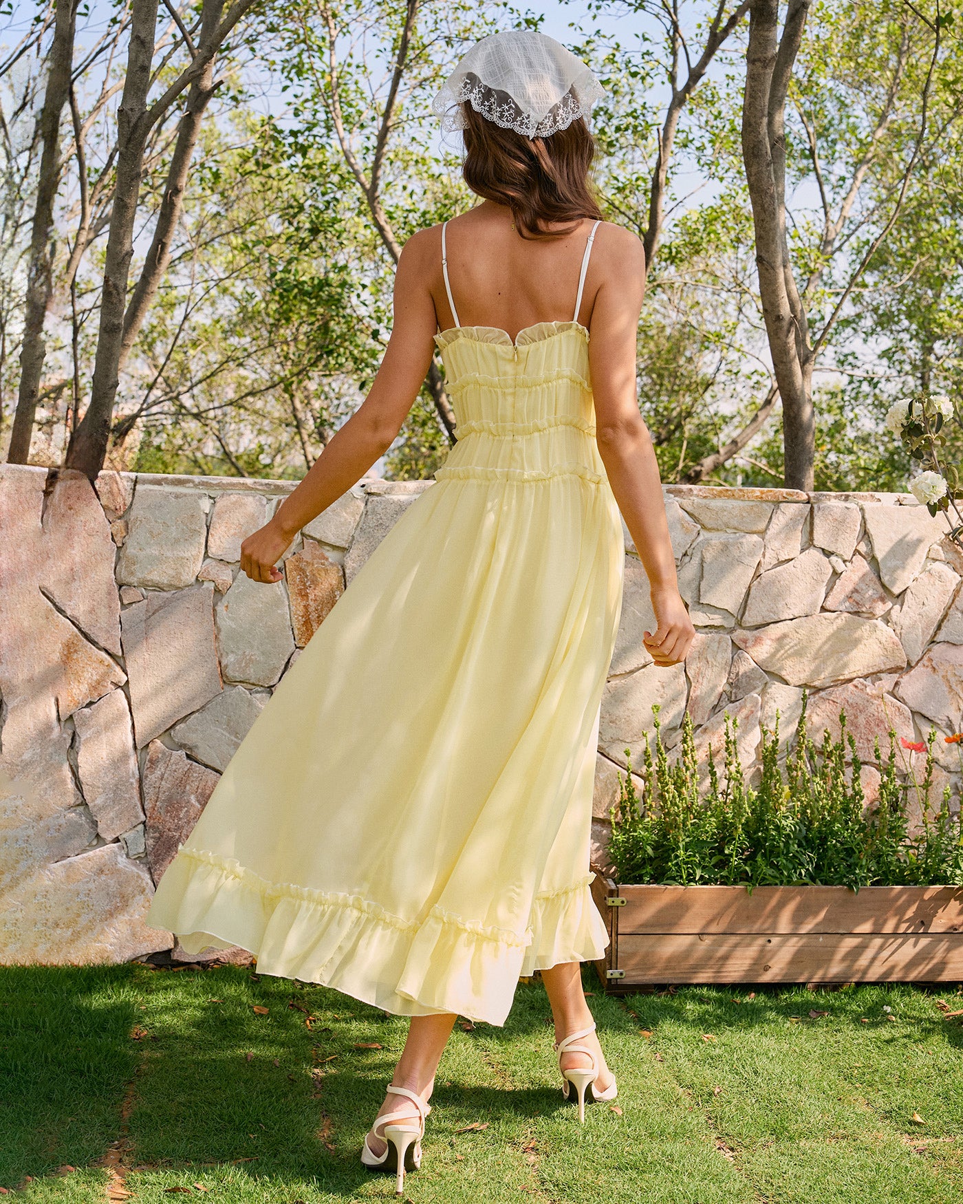 Yellow Sweetheart Neck Ruffle Midi Dress - Image 6