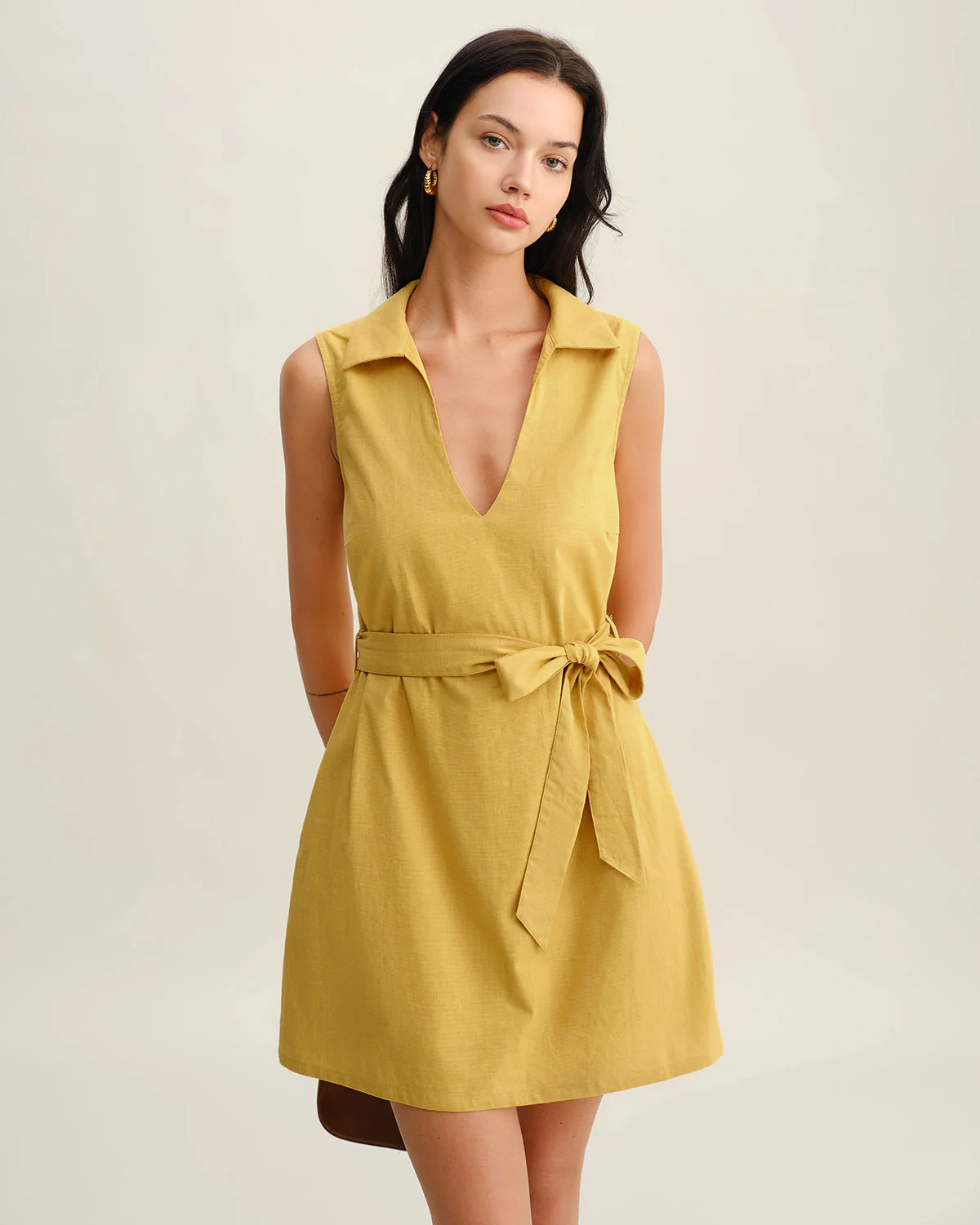 Yellow Tie Waist Sleeveless Mini Dress - Image 3