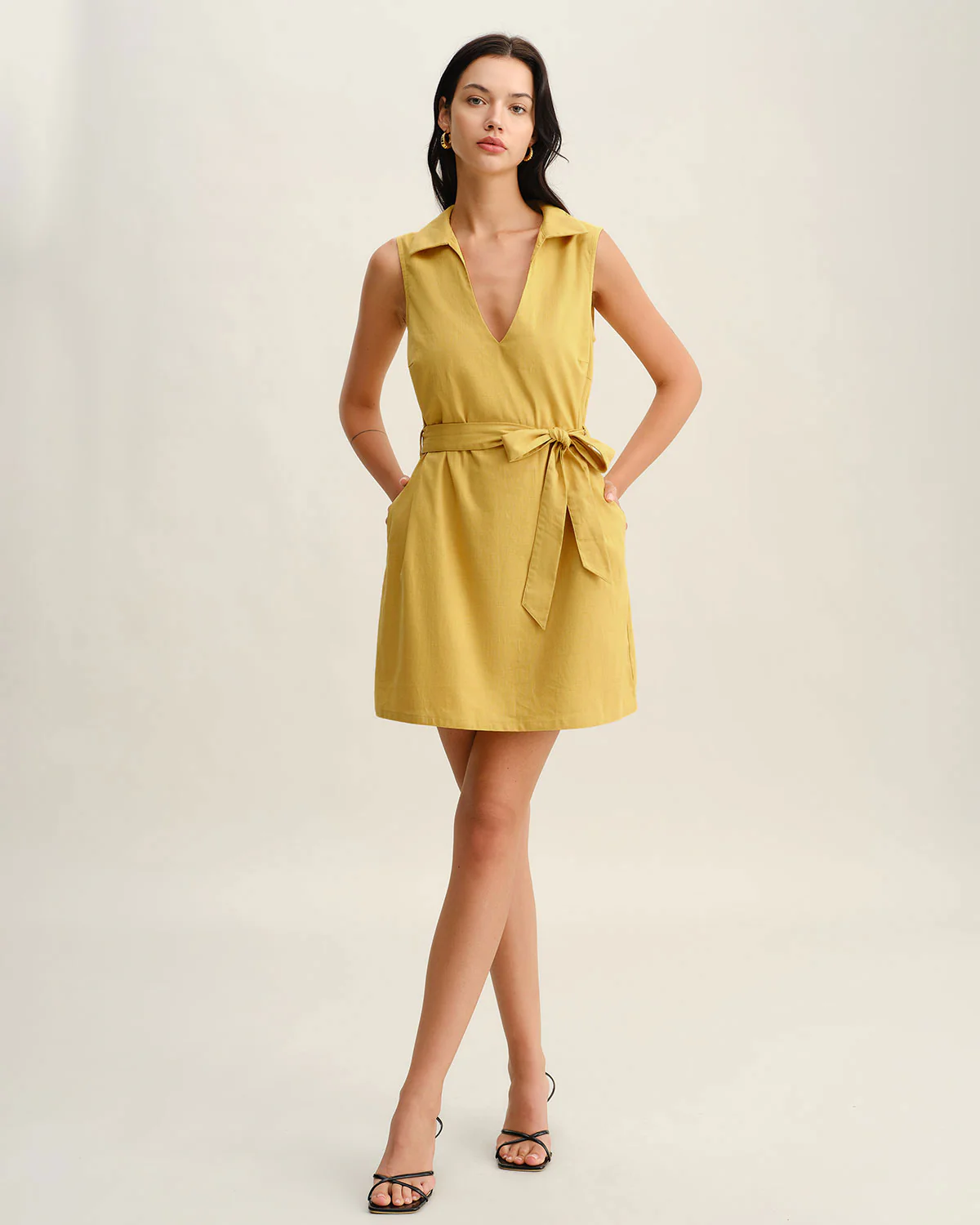 Yellow Tie Waist Sleeveless Mini Dress - Image 4