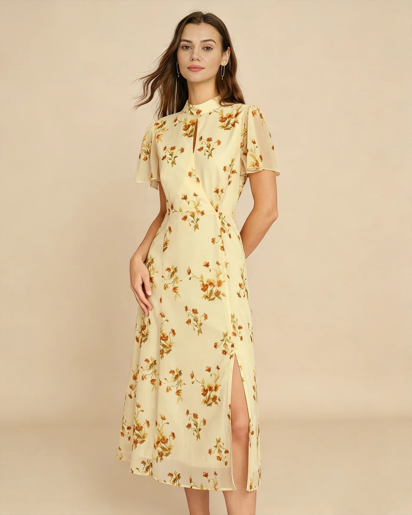 Yellow Turtle Butterfly Sleeve Floral Midi Dress - Image 3