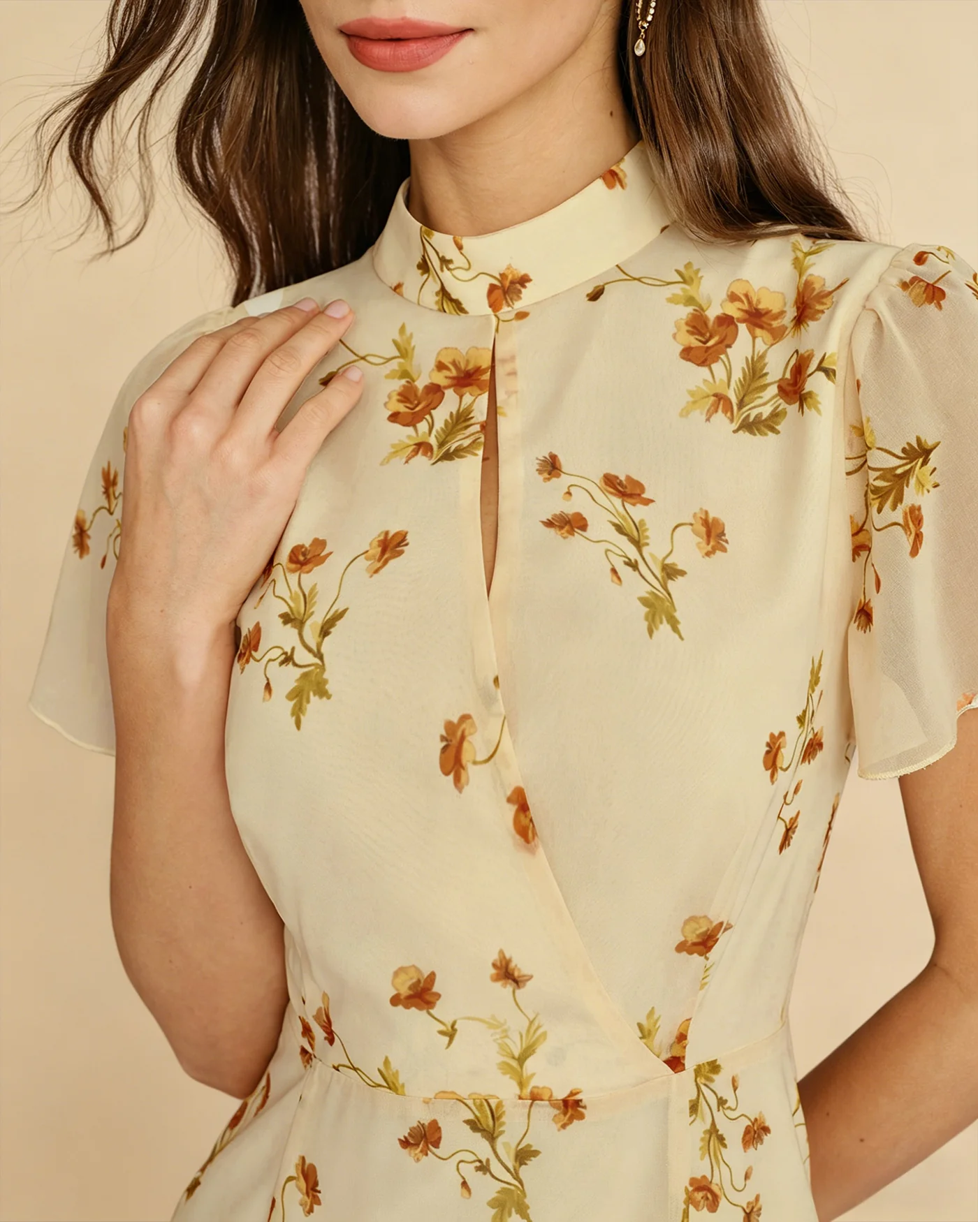 Yellow Turtle Butterfly Sleeve Floral Midi Dress - Image 4