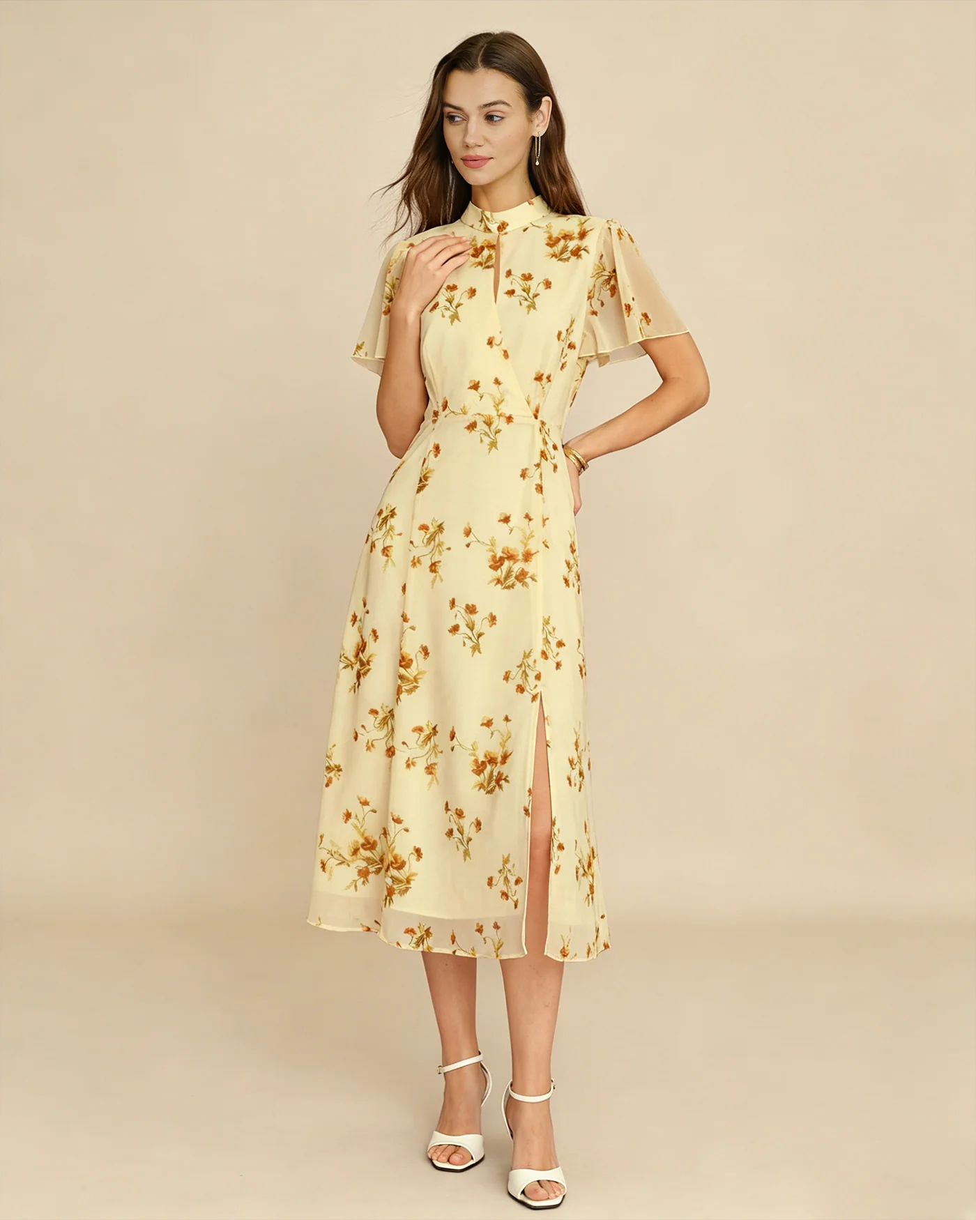 Yellow Turtle Butterfly Sleeve Floral Midi Dress - Image 5