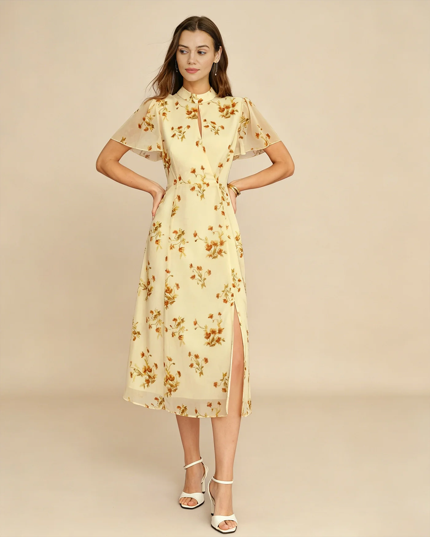 Yellow Turtle Butterfly Sleeve Floral Midi Dress - Image 6