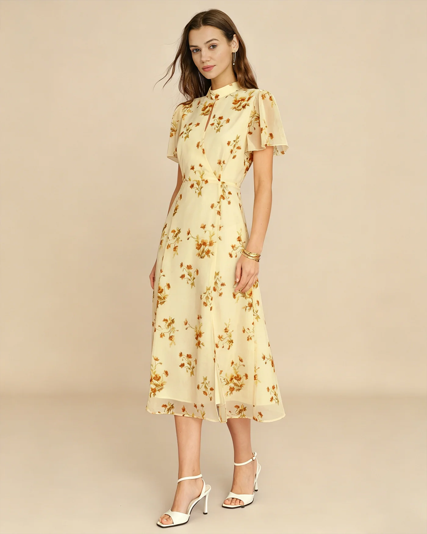 Yellow Turtle Butterfly Sleeve Floral Midi Dress - Image 7