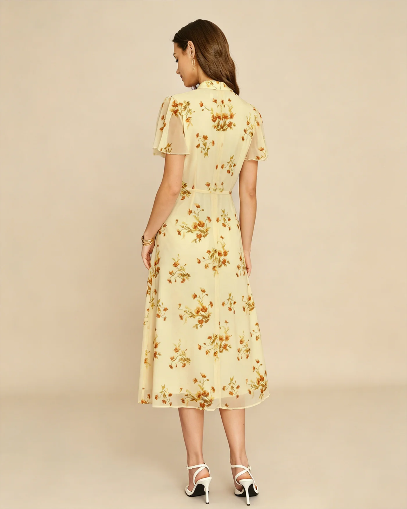 Yellow Turtle Butterfly Sleeve Floral Midi Dress - Image 8