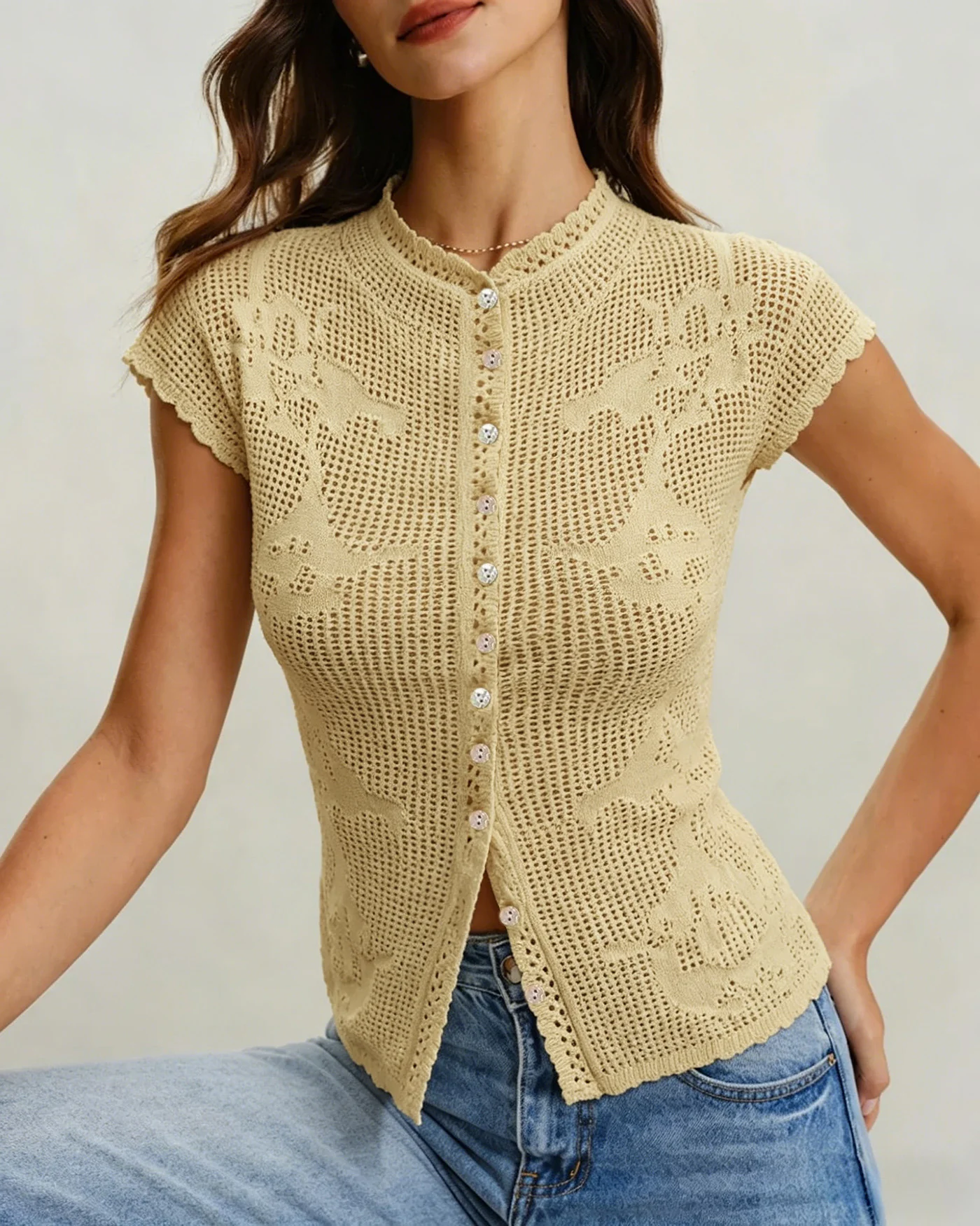 Yellow Turtle See Through Knit Cardigan - Image 3
