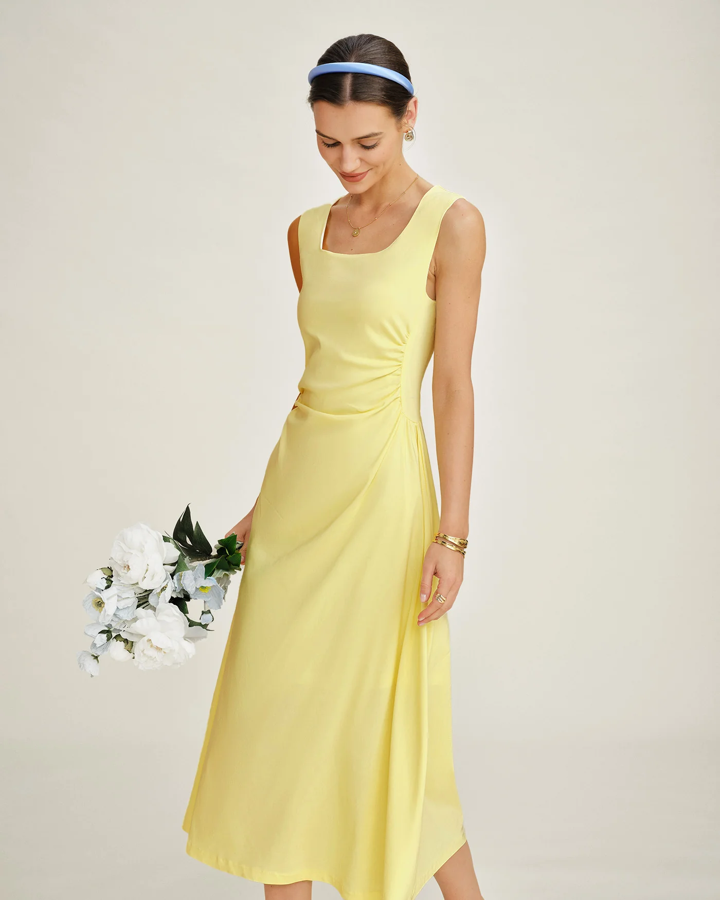 Yellow U Neck Ruched Midi Dress - Image 2