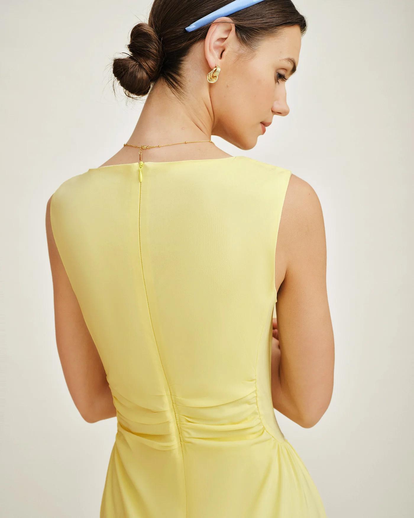 Yellow U Neck Ruched Midi Dress - Image 4