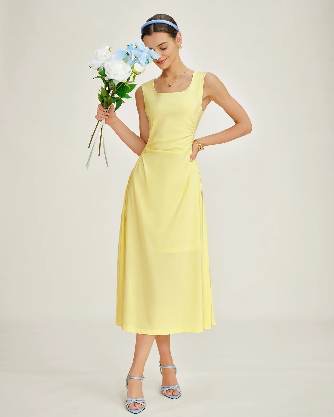 Yellow U Neck Ruched Midi Dress - Image 5