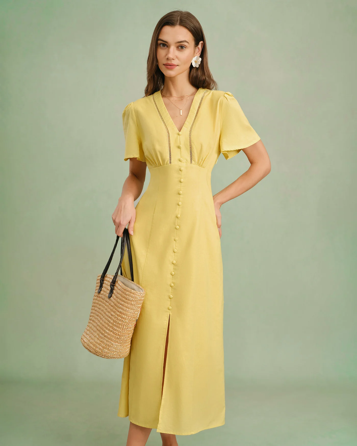 Yellow V Neck Button Midi Dress - Image 3