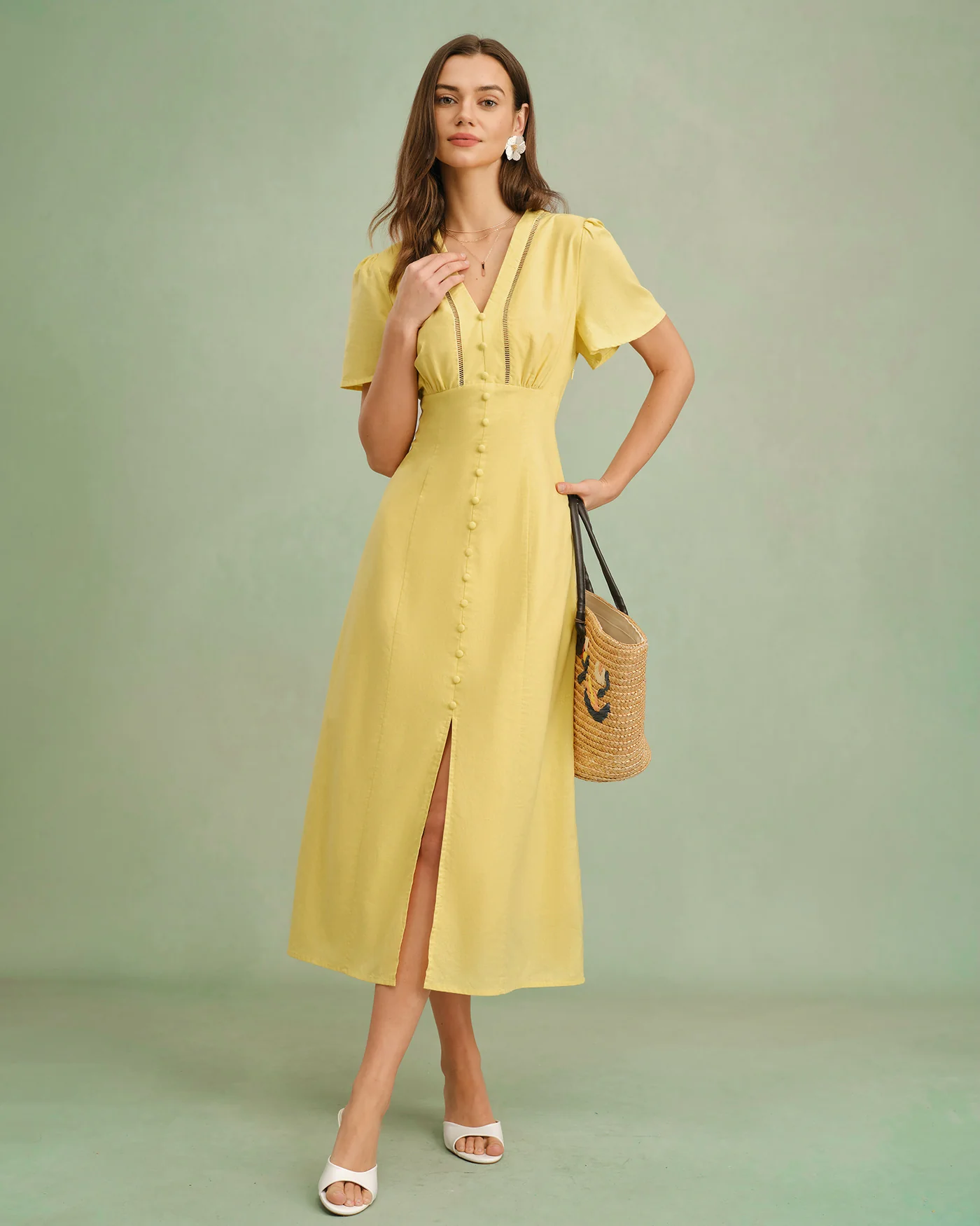 Yellow V Neck Button Midi Dress - Image 4