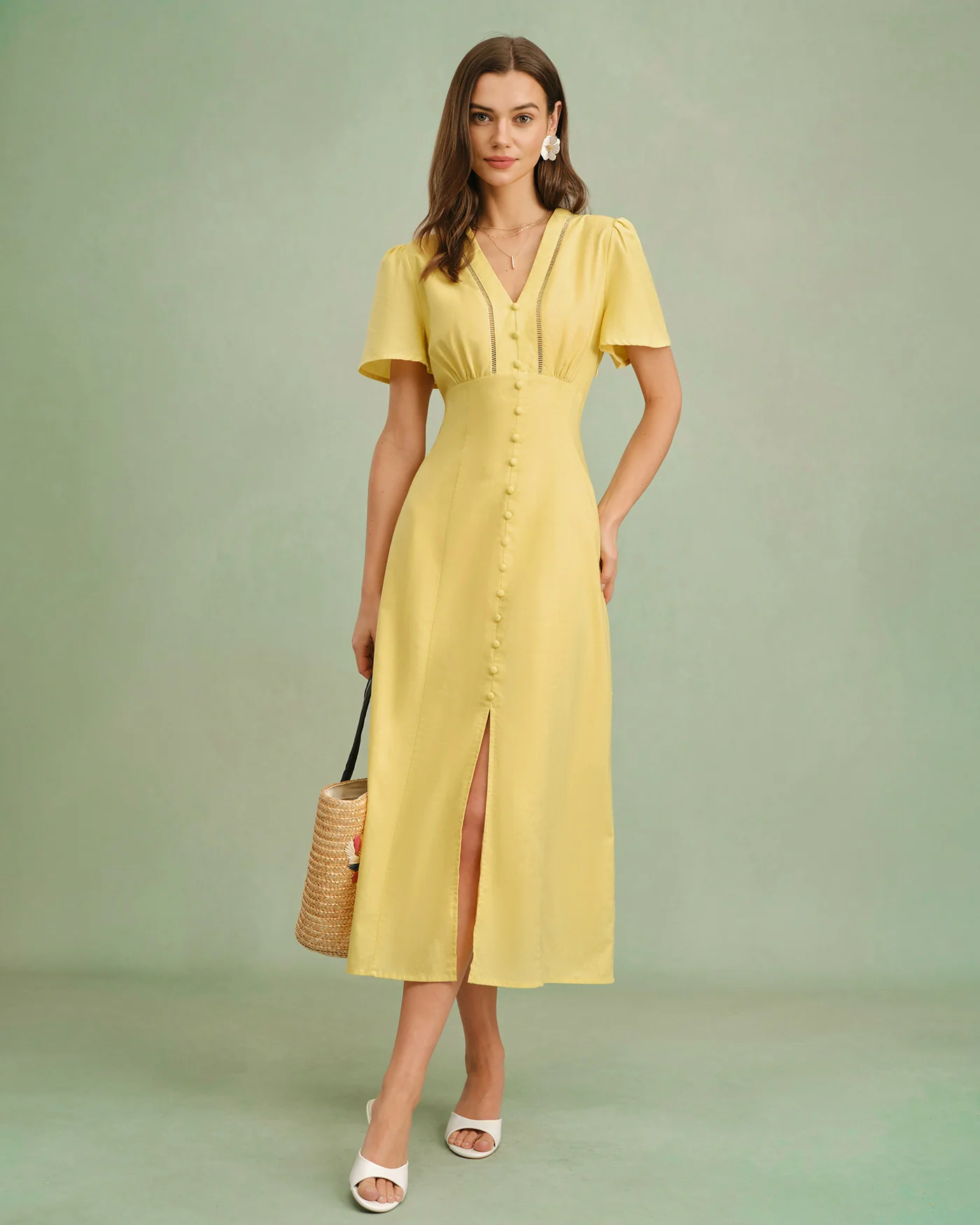 Yellow V Neck Button Midi Dress - Image 5