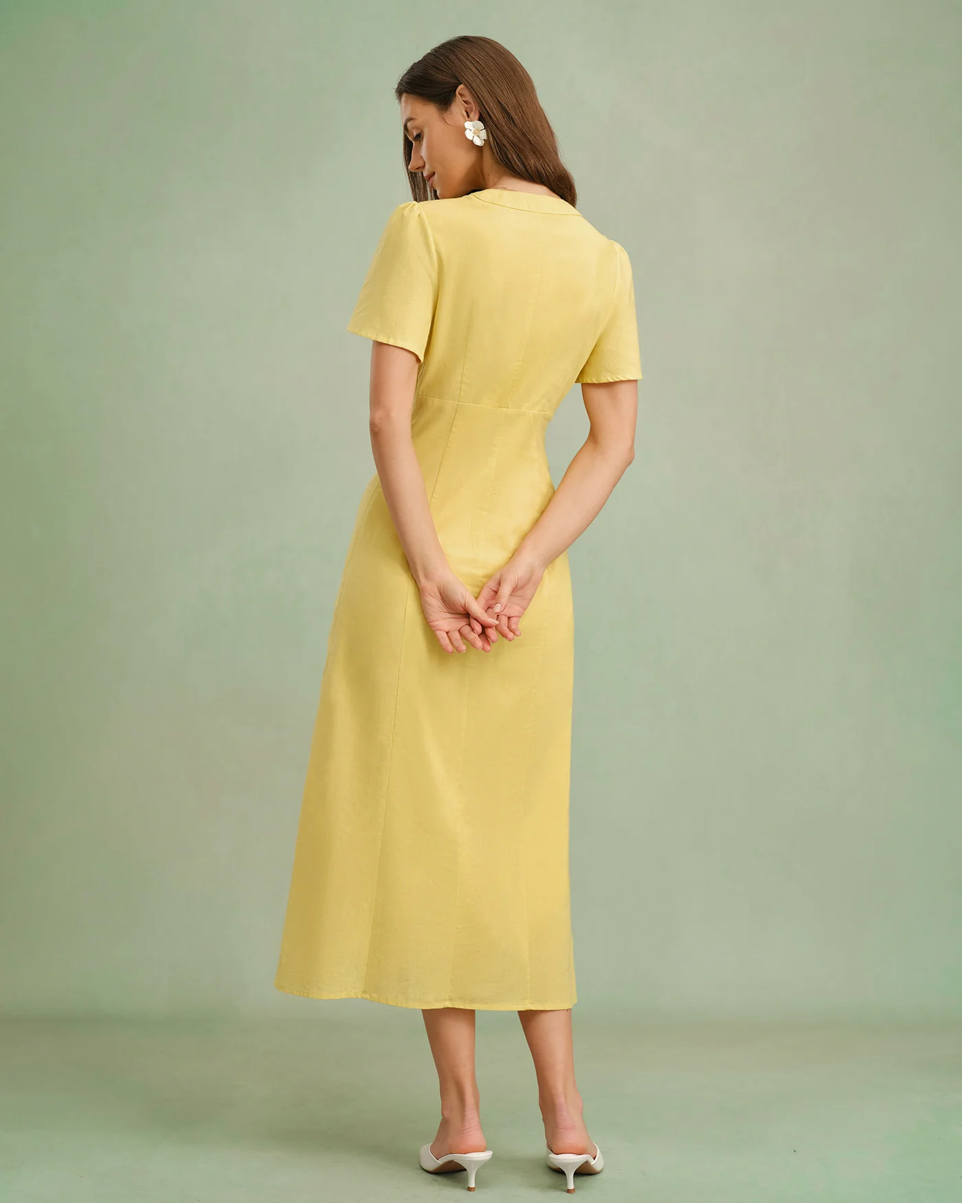 Yellow V Neck Button Midi Dress - Image 6