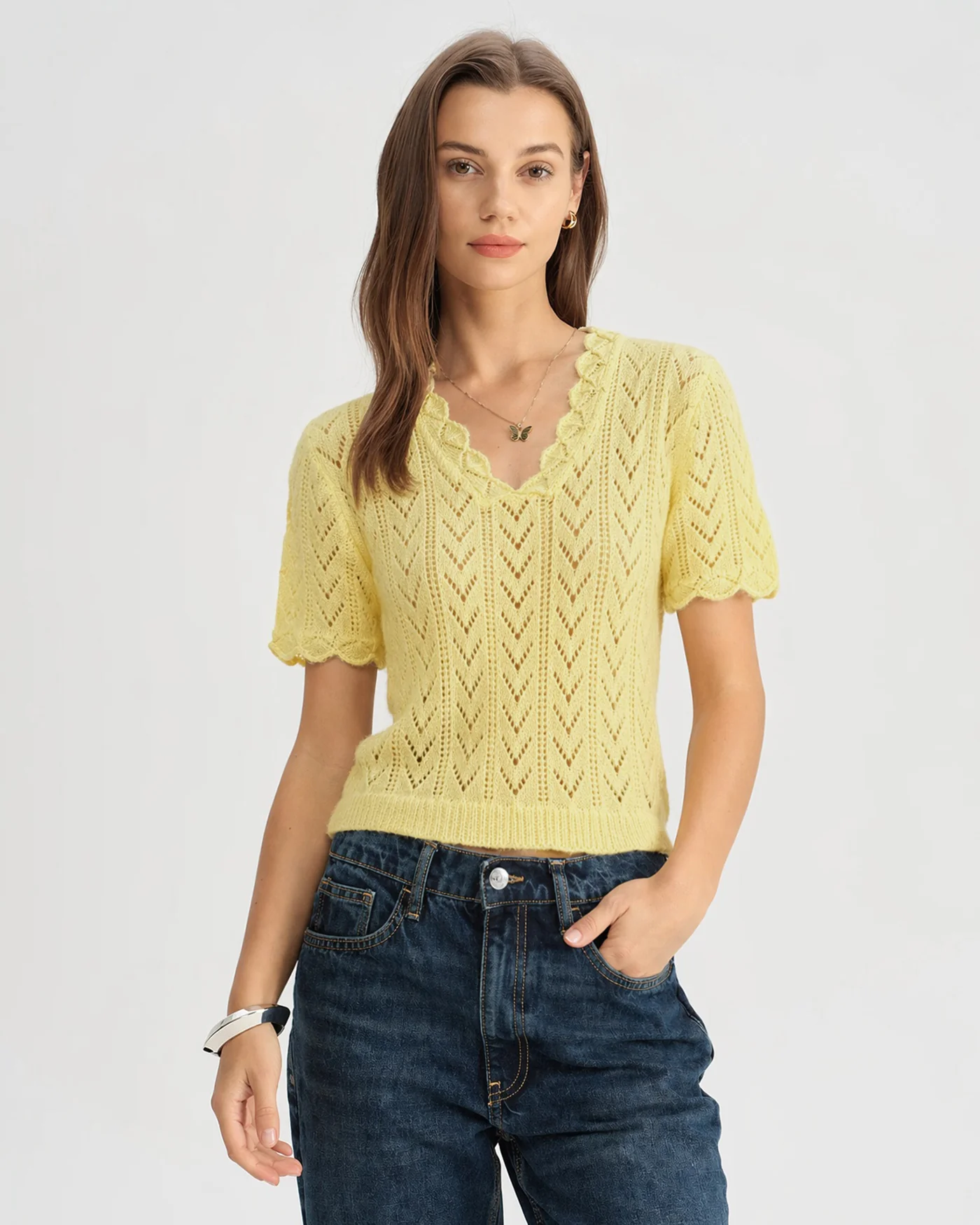 Yellow V Neck Cut Out Textured Sweater - Image 2