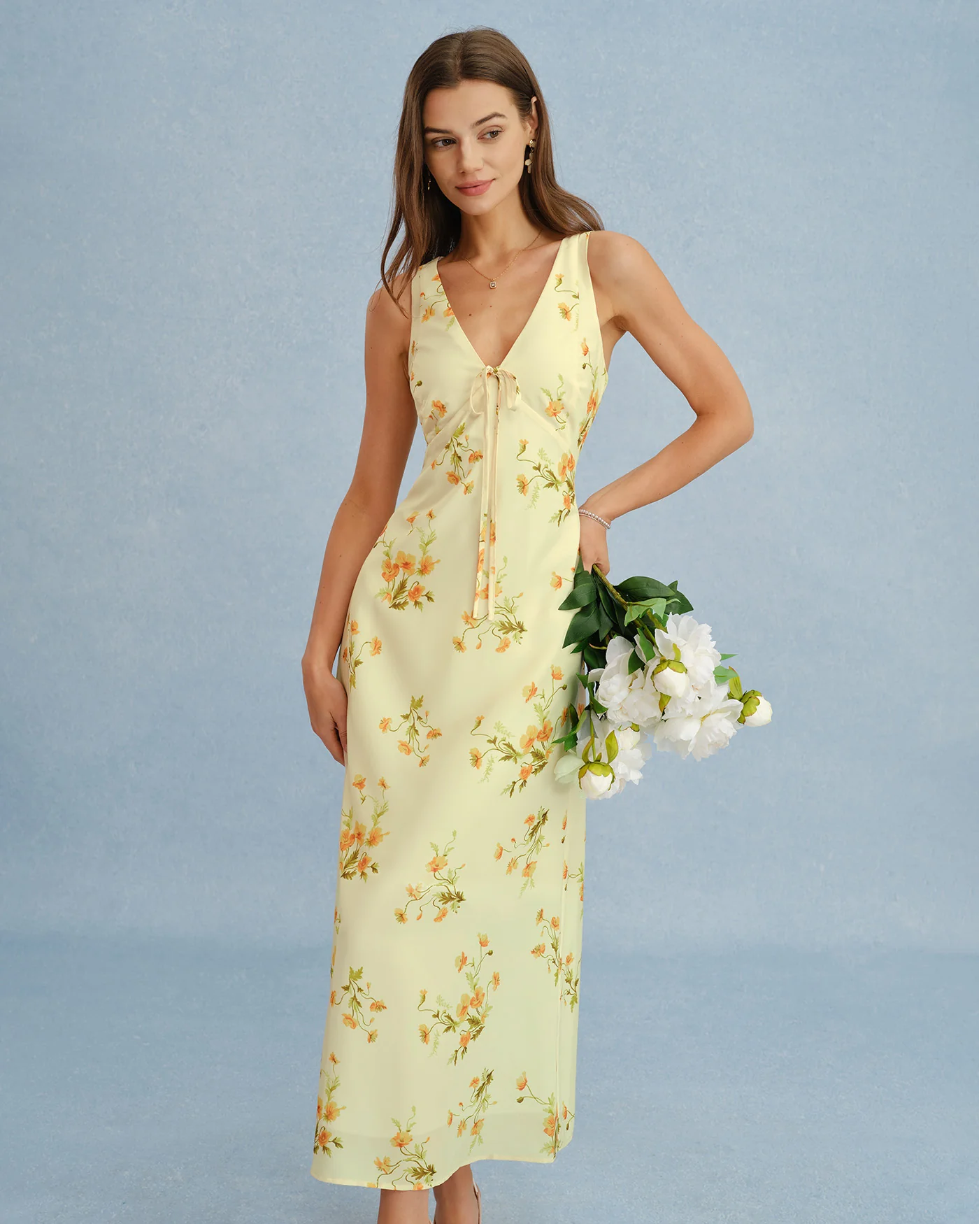 Yellow V Neck Floral Chiffon Maxi Dress - Image 3