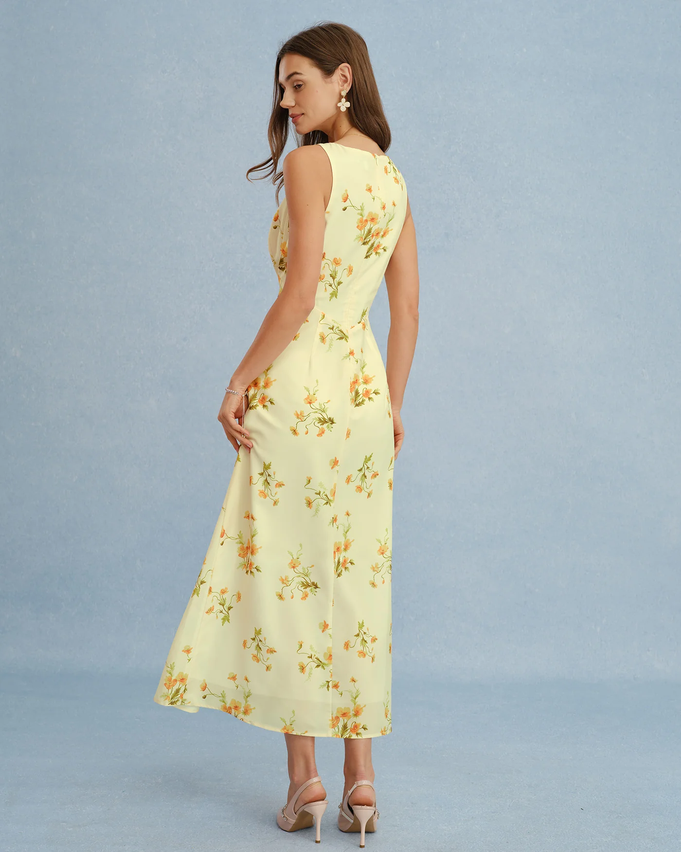 Yellow V Neck Floral Chiffon Maxi Dress - Image 4