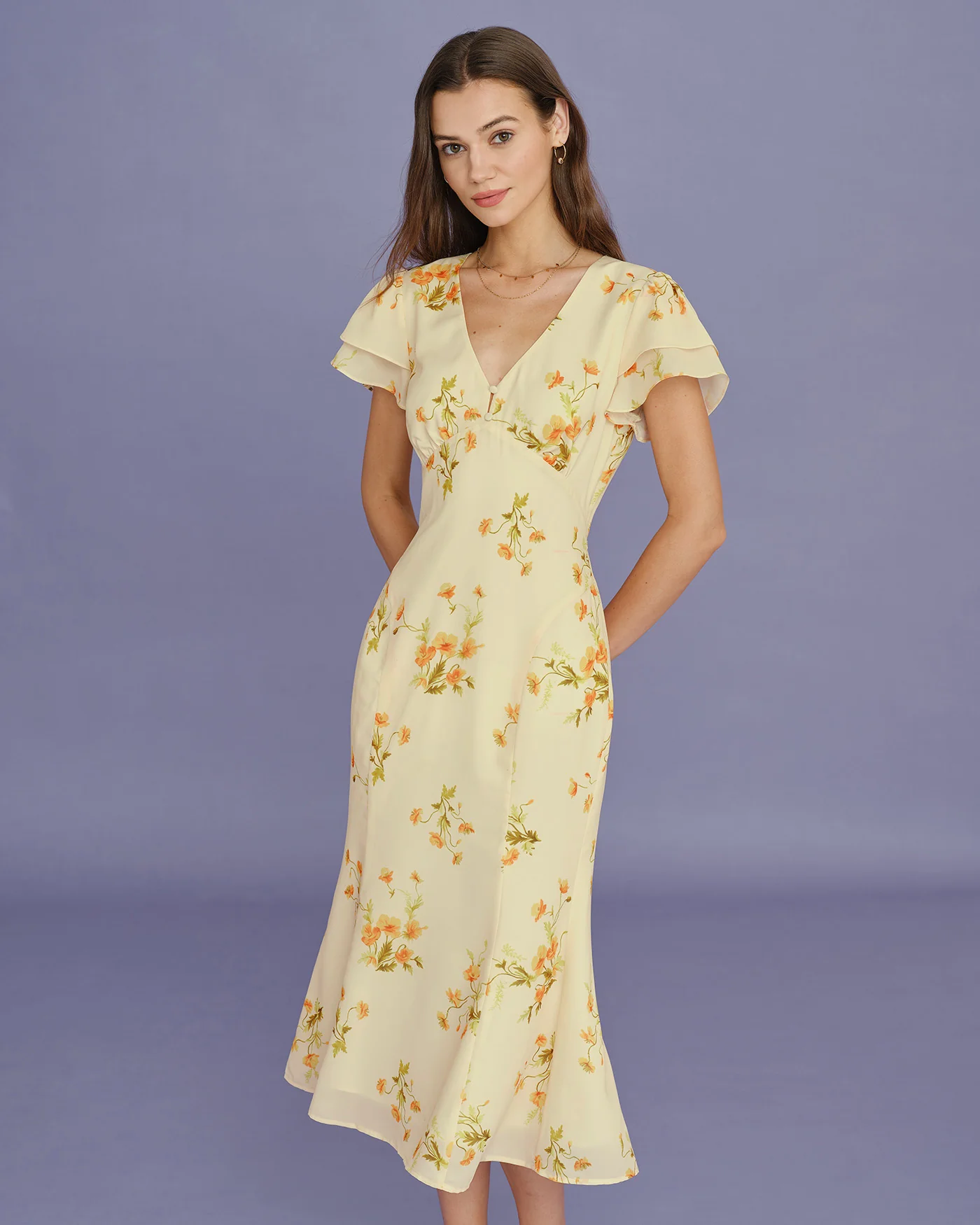 Yellow V Neck Floral Mermaid Midi Dress - Image 2