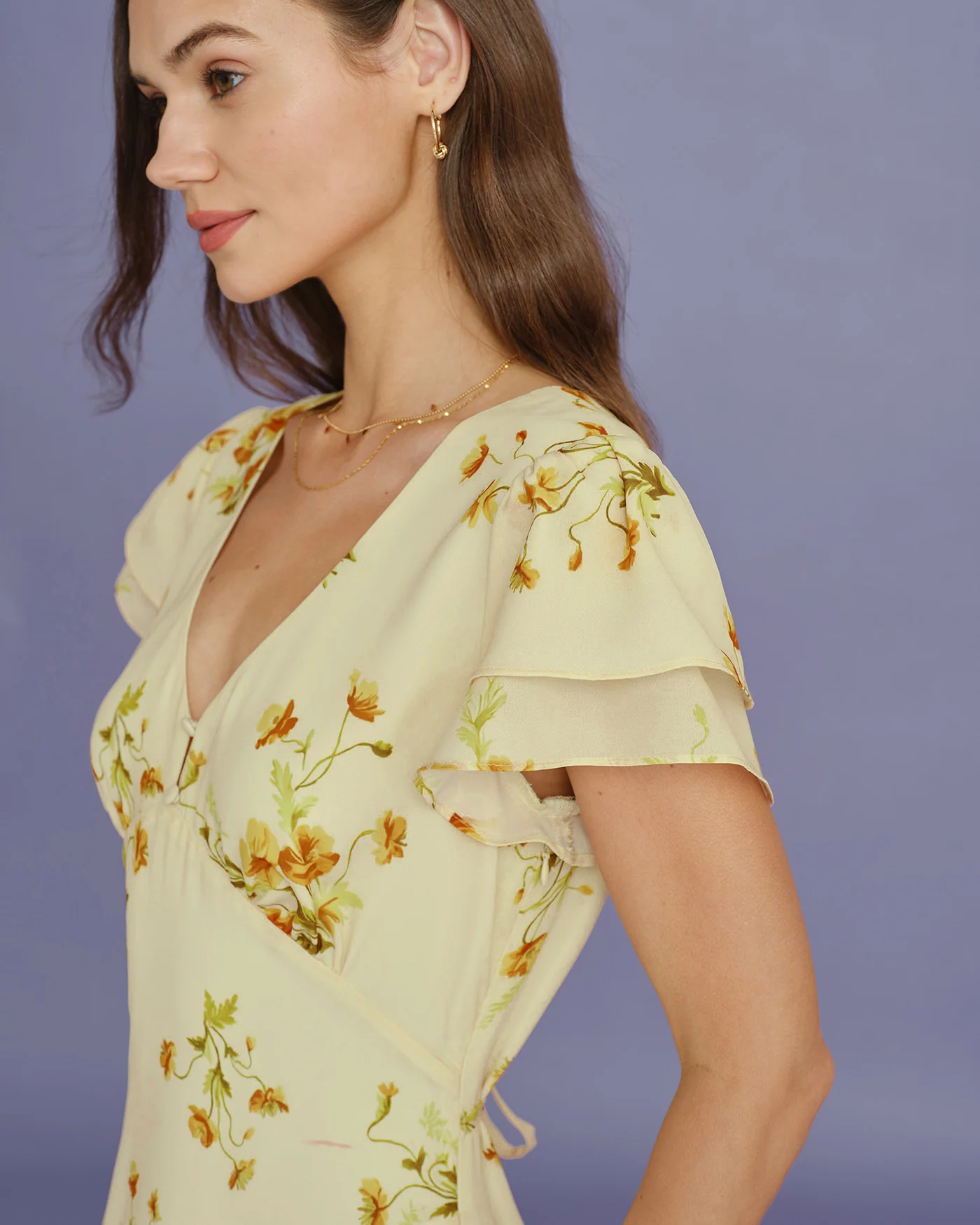 Yellow V Neck Floral Mermaid Midi Dress - Image 3