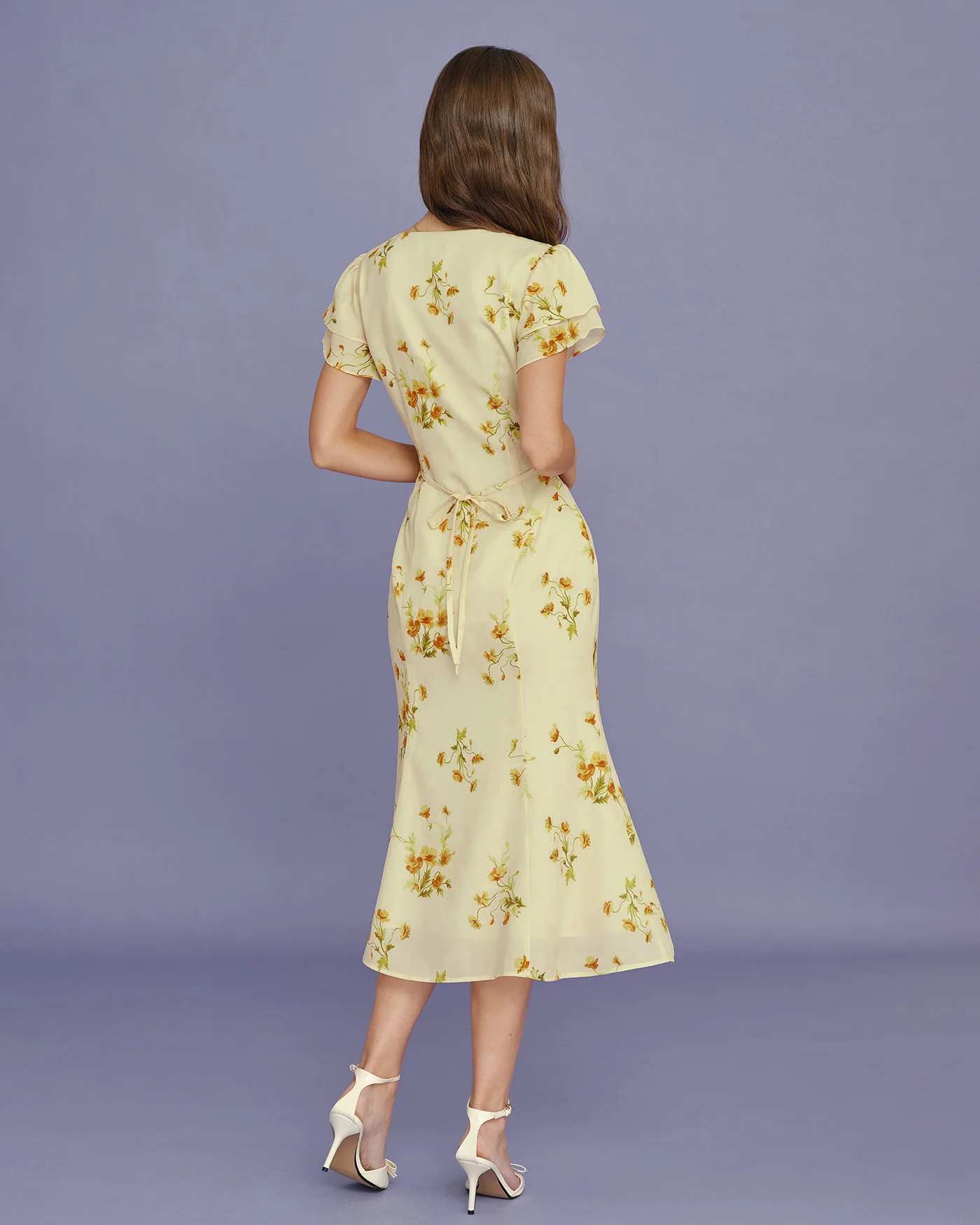 Yellow V Neck Floral Mermaid Midi Dress - Image 4