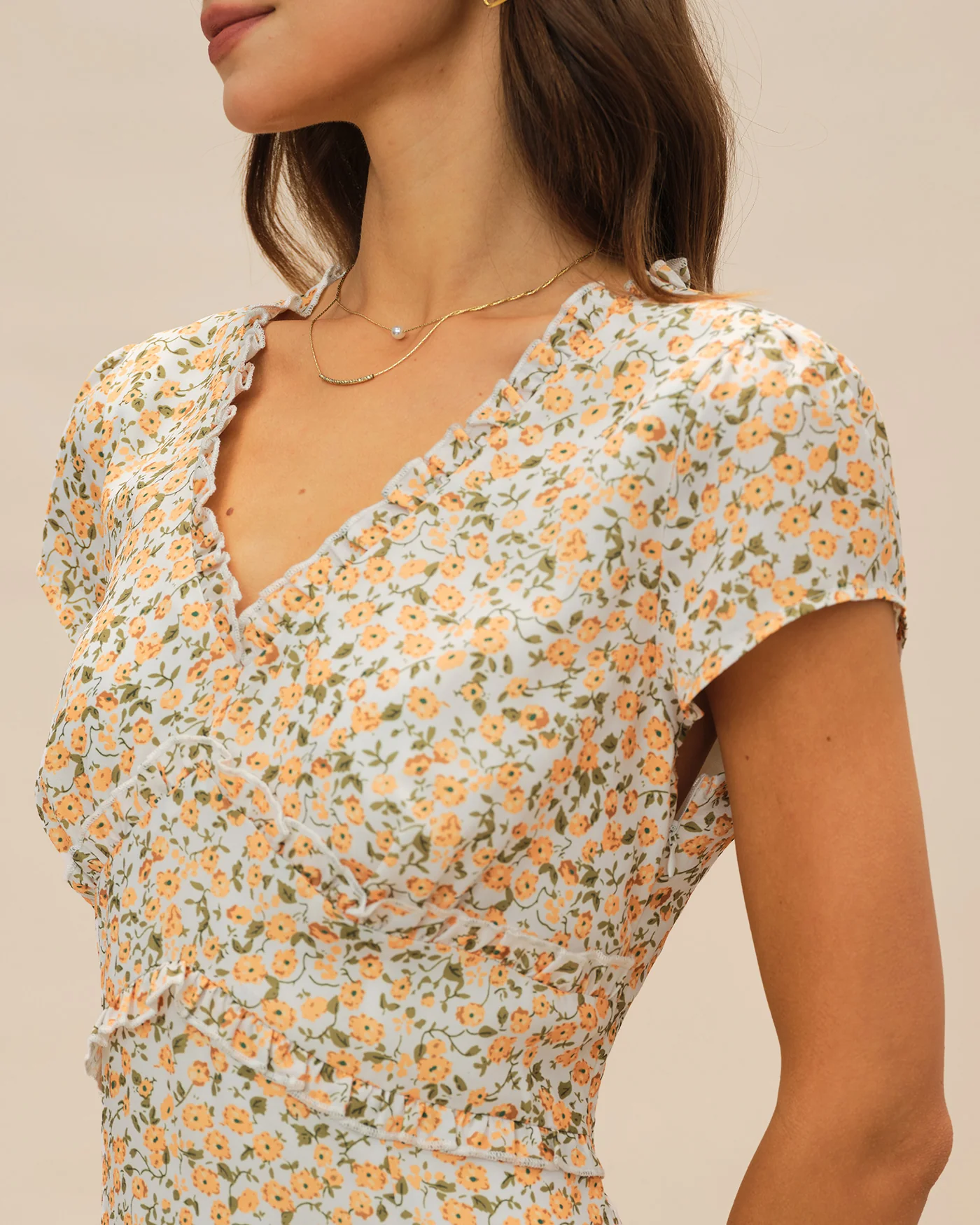 Yellow V Neck Floral Midi Dress - Image 2