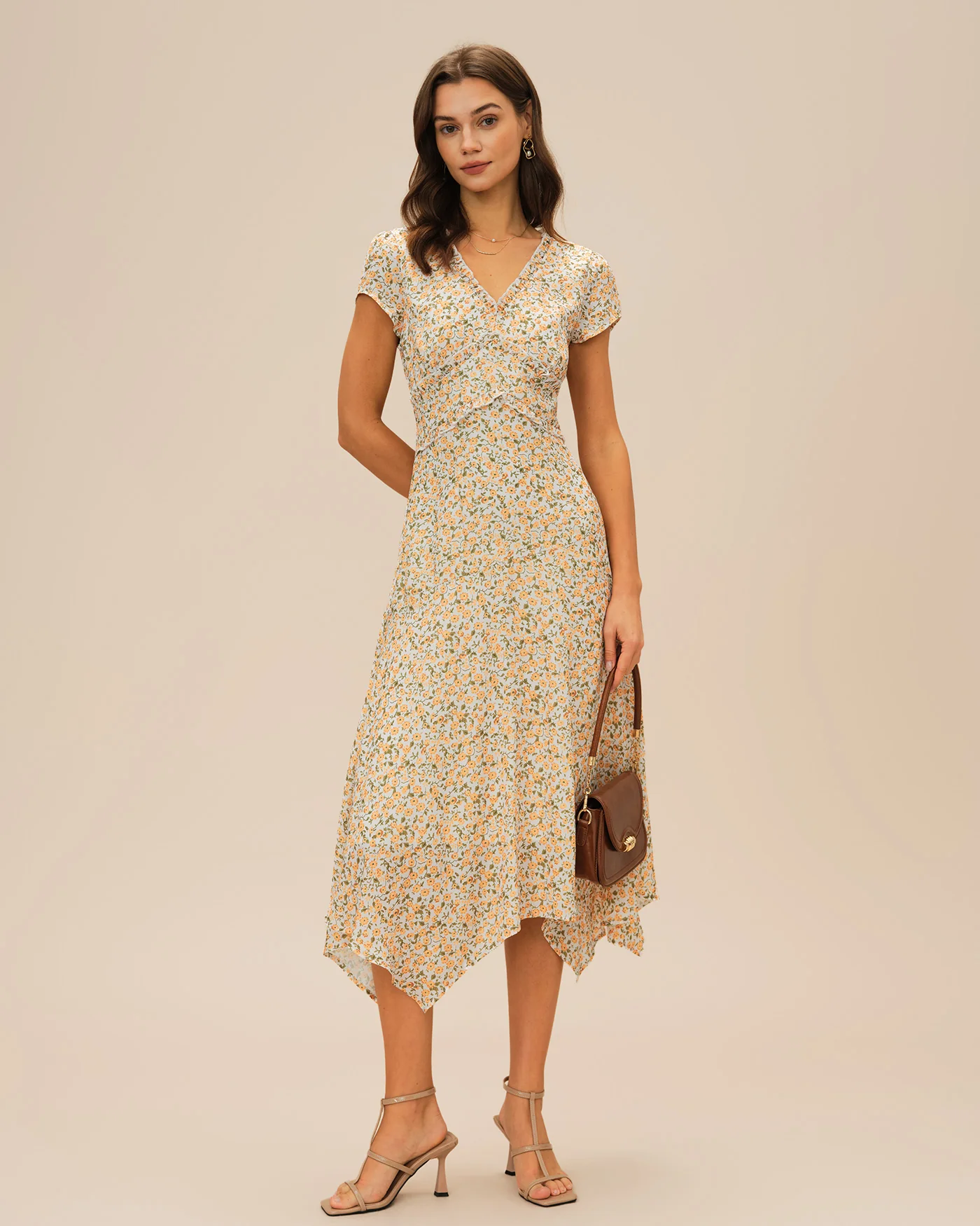 Yellow V Neck Floral Midi Dress - Image 3